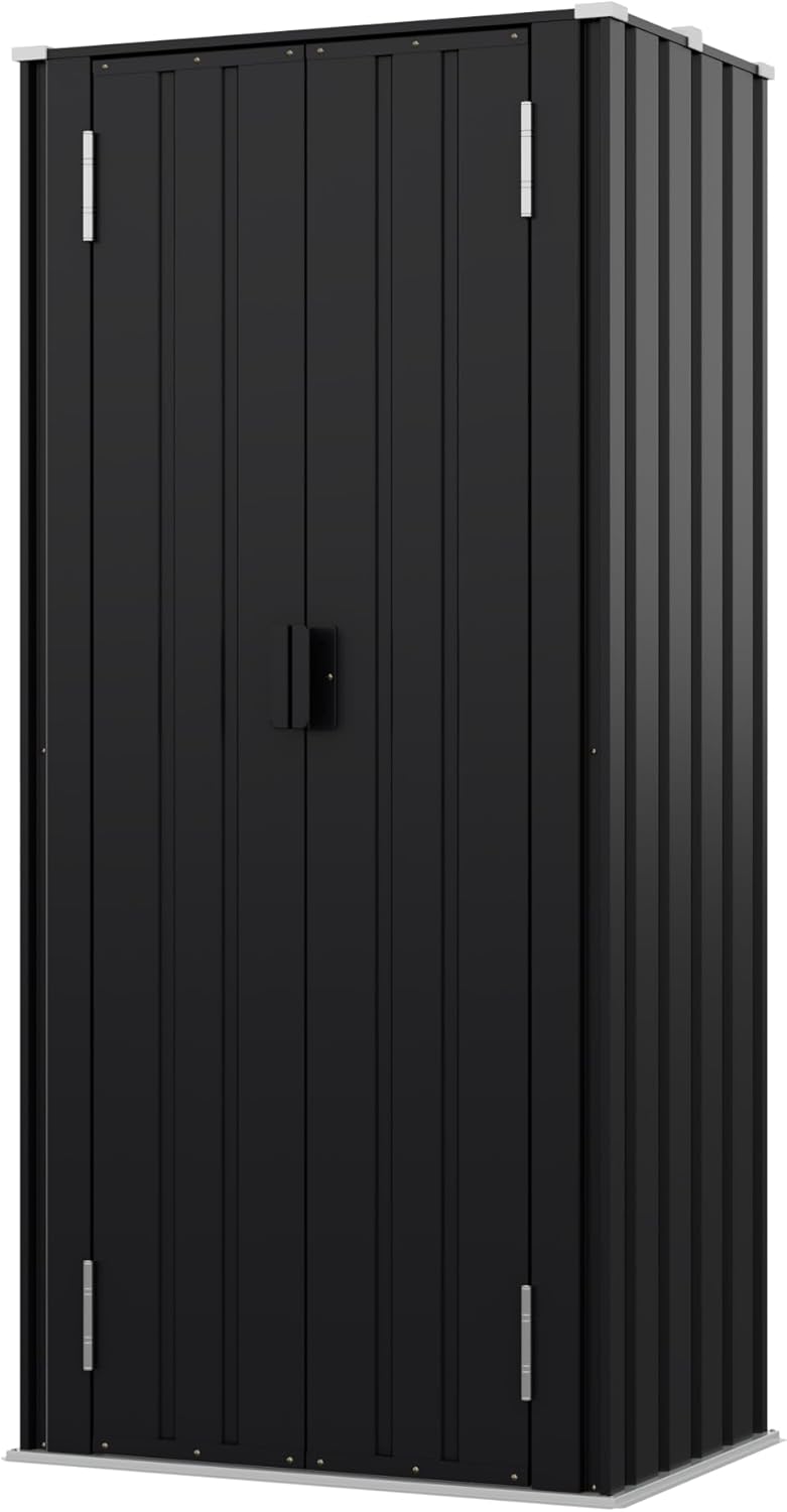 Devoko 28 Cuft Lockable Metal Storage Shed, Vertical Indoor Outdoor Tool Cabinet with 3 Adjustable Shelves for Patio Garden Backyard, Black