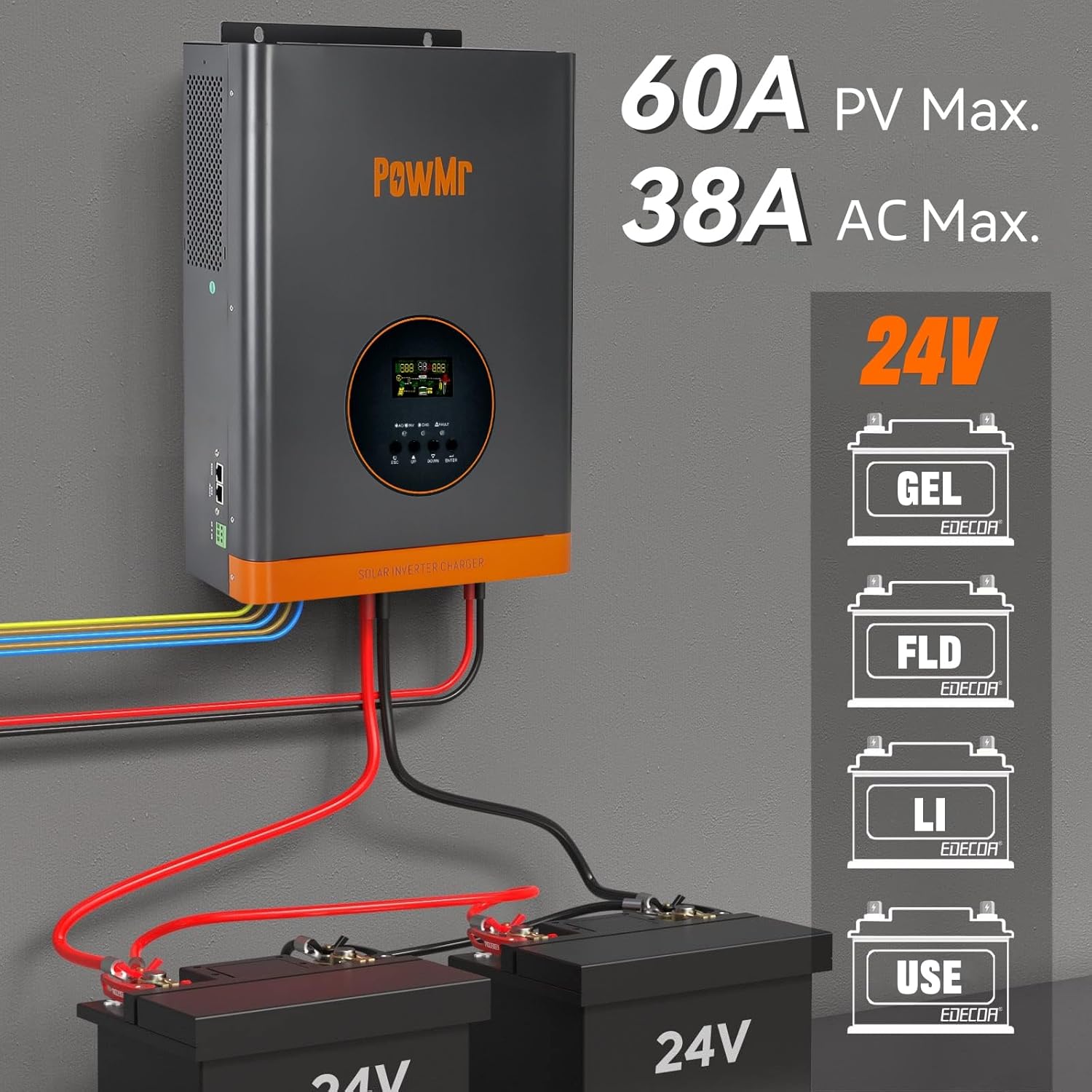 PowMr 3000W Hybrid Solar Inverter,24VDC to 110VAC, Low Frequency Inverter w/Built-in 60A MPPT Charge Controller, Pure Sine Wave for 24V Lead-Acid and Lithium Battery, Peak Power:9000W
