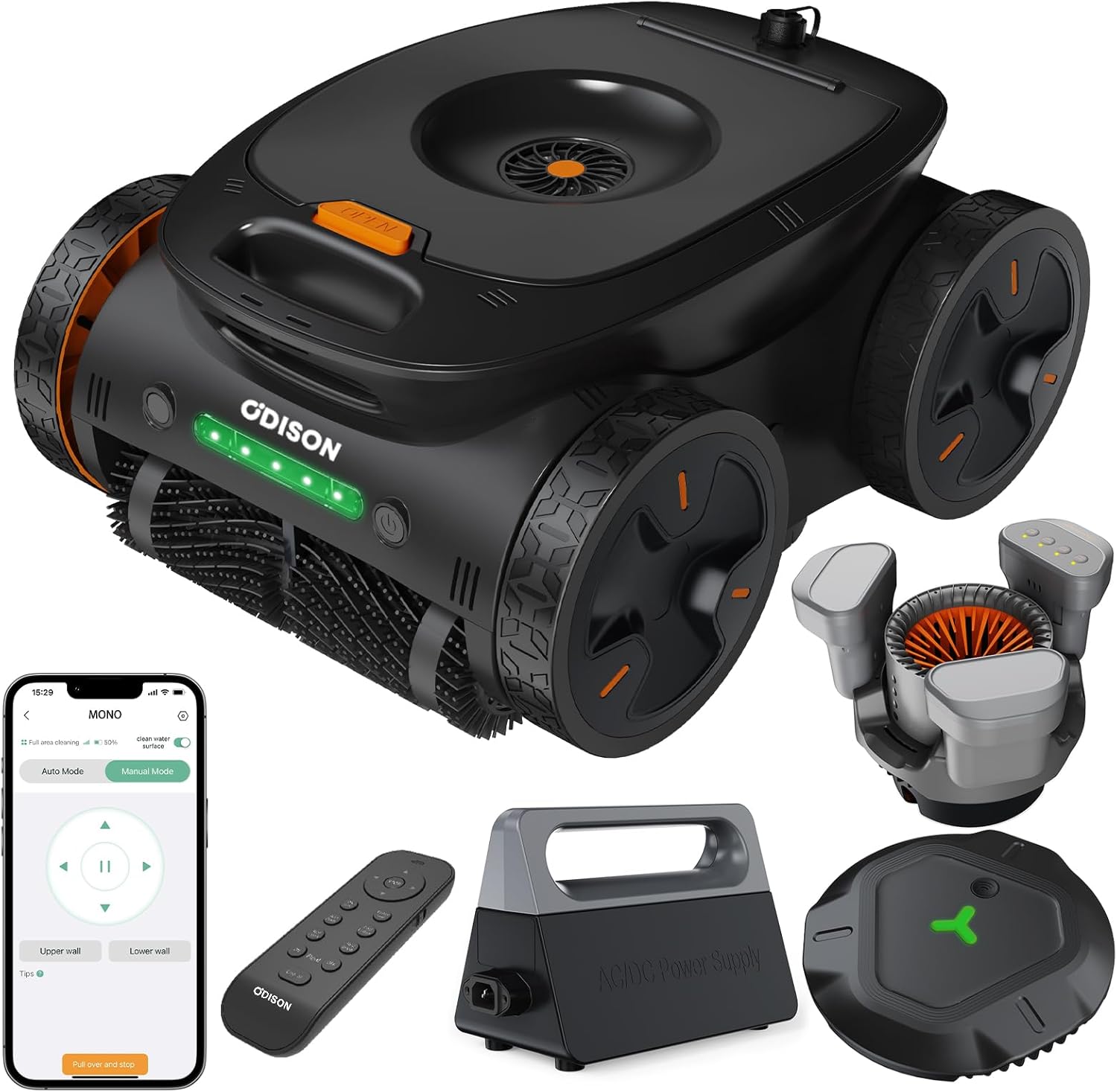 ODISON Mono Plus Automatic Robotic Pool Vacuum Cleaner with APP/Remote Control,Wall Climbing,Multi-Sensor Navigation - Cleans Floor,Walls & Waterline - Pools up to 8611 sq ft - Works 8+ Hours (Black)