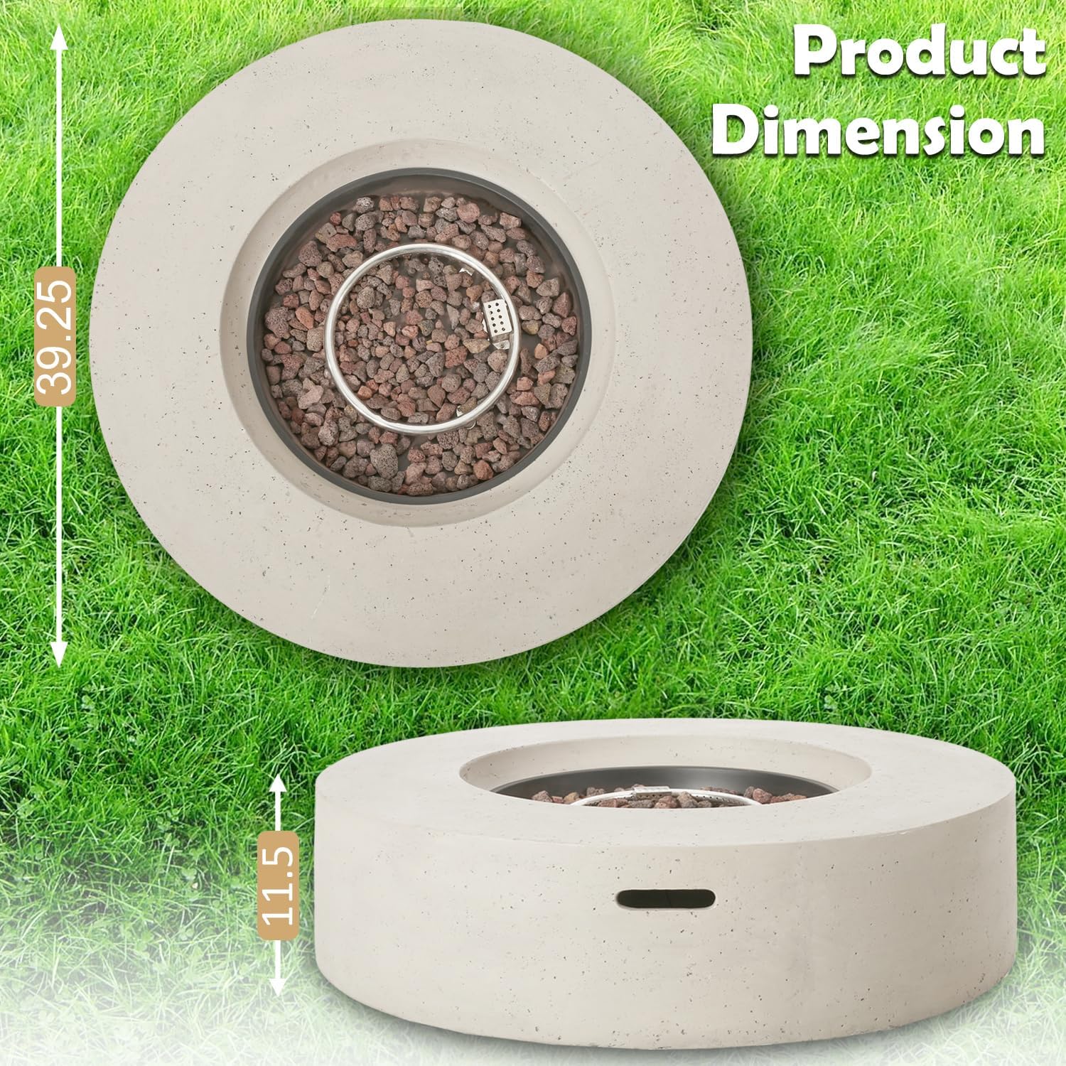 Outdoor 39 Inch Propane Fire Pit Table, 50,000 BTU Concrete Patio Fire Pit with Lava Rocks, Round Gas Fire Table for Party on Patio, Garden, Yard