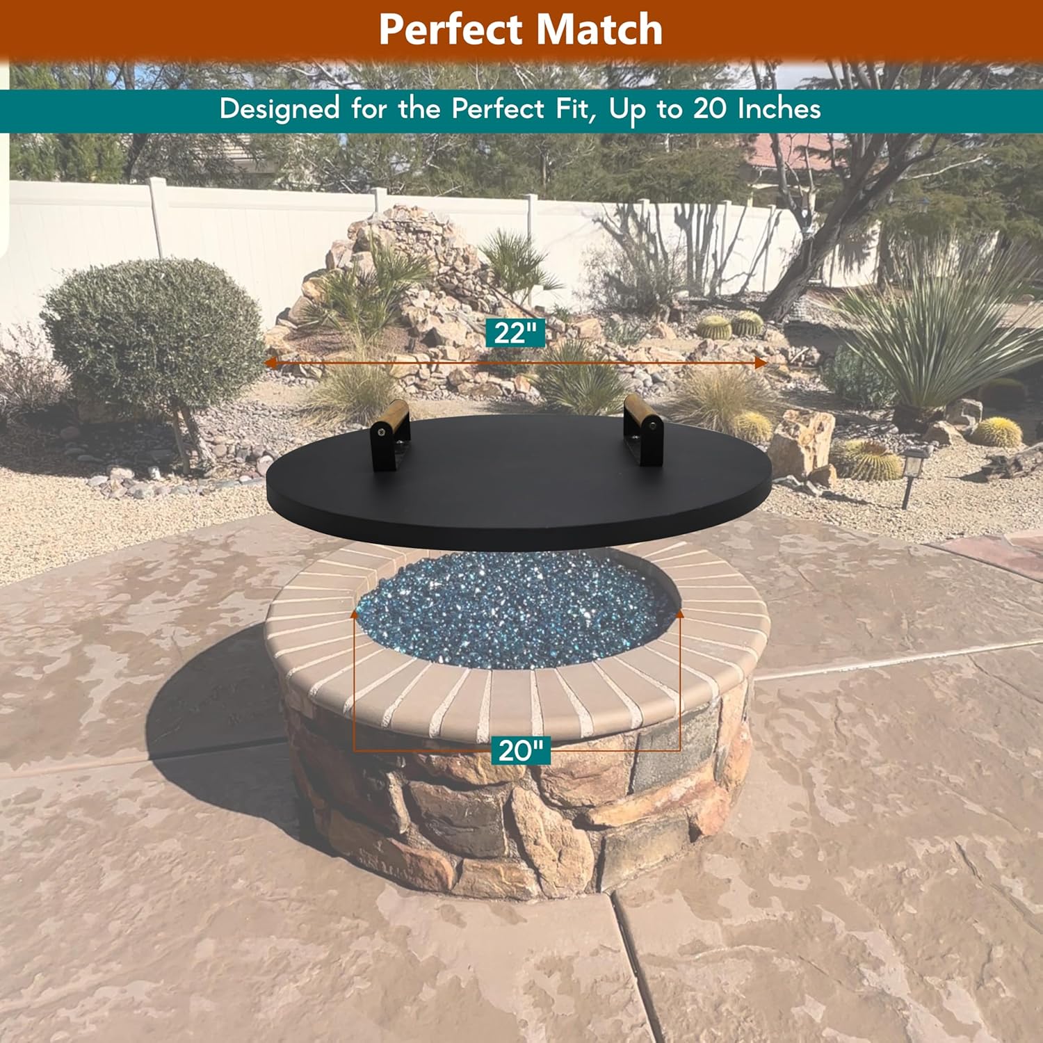 22” firepit lid Round for Inside up to 20” Gas fire Pit lid for Outdoor Fireplace Cover Lid Steel fire Pit Metal Cover W/ 2 Wooden Handles & Heat Resistant Snuffer Lid for Round Patio Fire Pit Ring