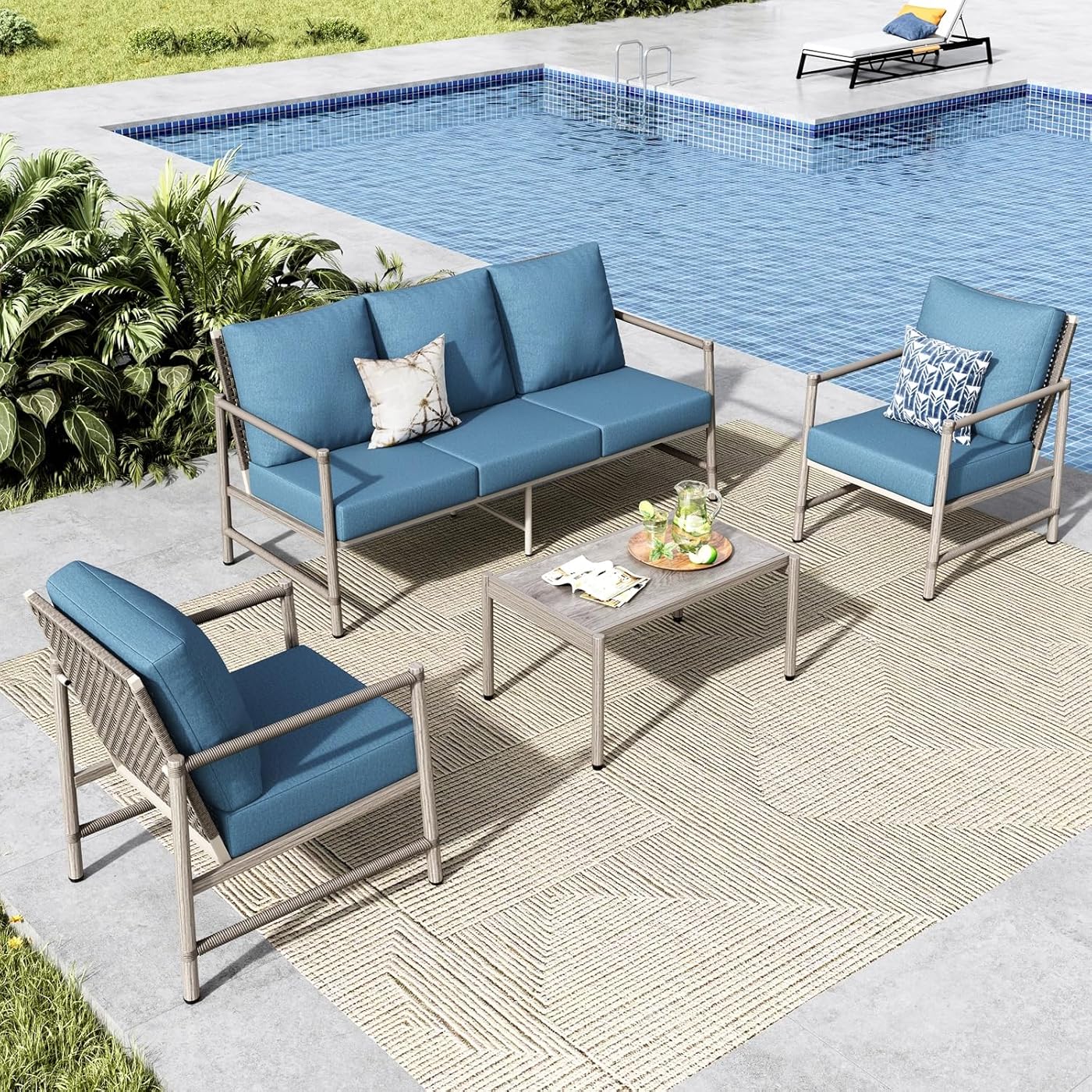 MFSTUDIO 4 Pieces Patio Furniture Set, All-Weather Metal Frame Outdoor Conversation Sets with Wicker Backrest, Rattan Armrest Patio Sectional Sofa Set with Coffee Table for Garden(Blue Cushion)