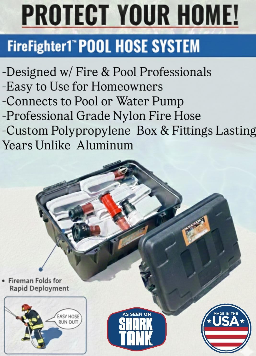 100' FireFighter1 Fire Hose & Nozzle (50' Hose w/ 50' Extension) - Providing Instant Access to Pool Water During a Fire Emergency