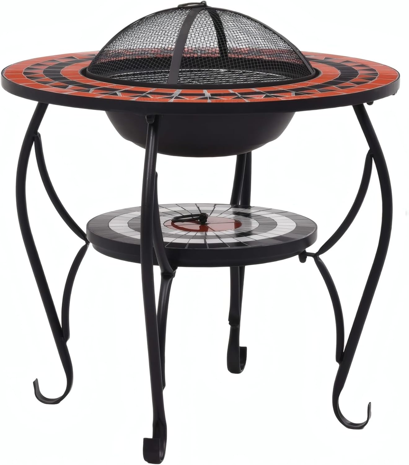 Penau Mosaic Fire Pit Table Ceramic Top, Outdoor Patio Firepit with Steel Fire Bowl and Four Leg Stand, Terracotta and White, 26.8 x 26.8 x 23.6 Inchs, for Backyard Garden Deck