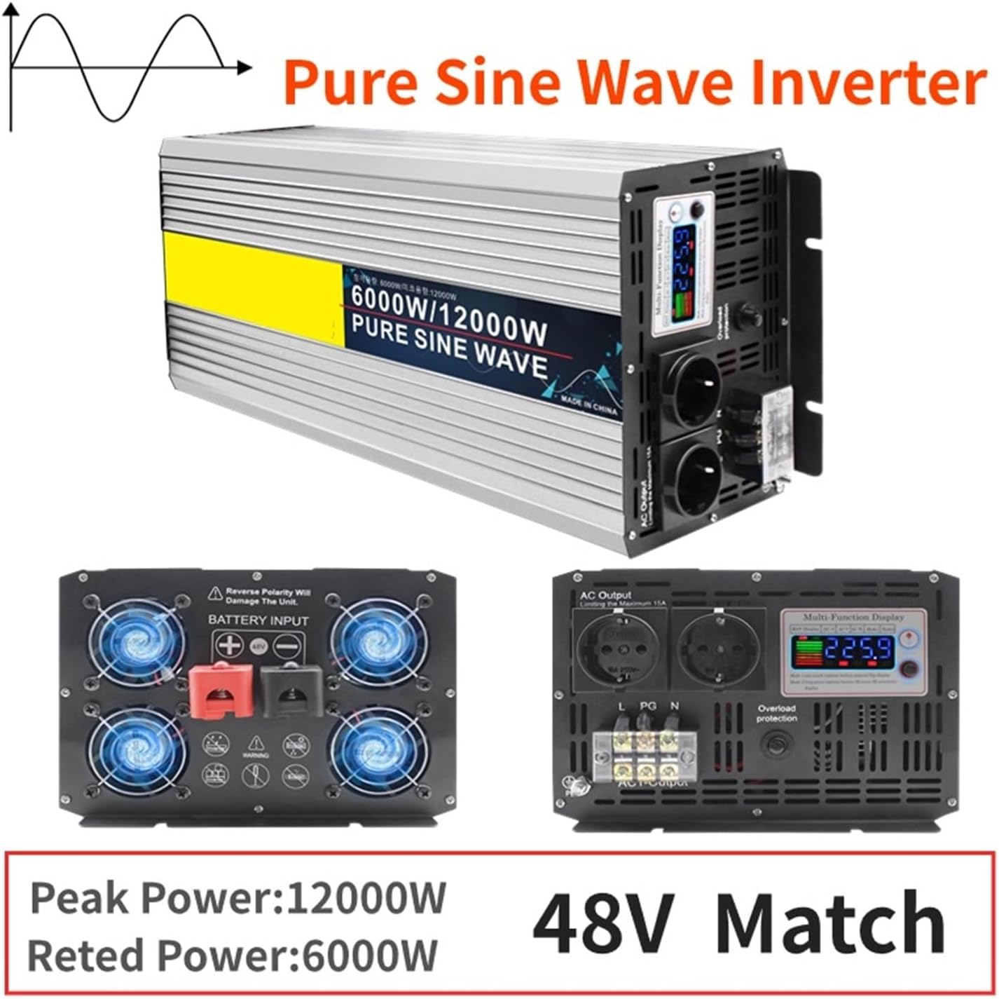 5000W 6000W 8000W 10000W 12000W Pure Sine Wave Inverter 12V 24V 48V DC to AC 220V Power Converter Car Solar Off Grid Transformer(EU-12000W-220V-48V)