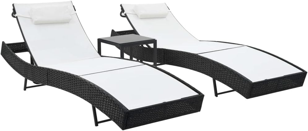 Sun Loungers 2 pcs with Table Poly Rattan and Textilene Black,Premium Outdoor Sunlounger Set with Side Table Rattan Sun Loungers with Adjustable Backrest and Textilene Fabric Sun Loungers, Chaise Loun