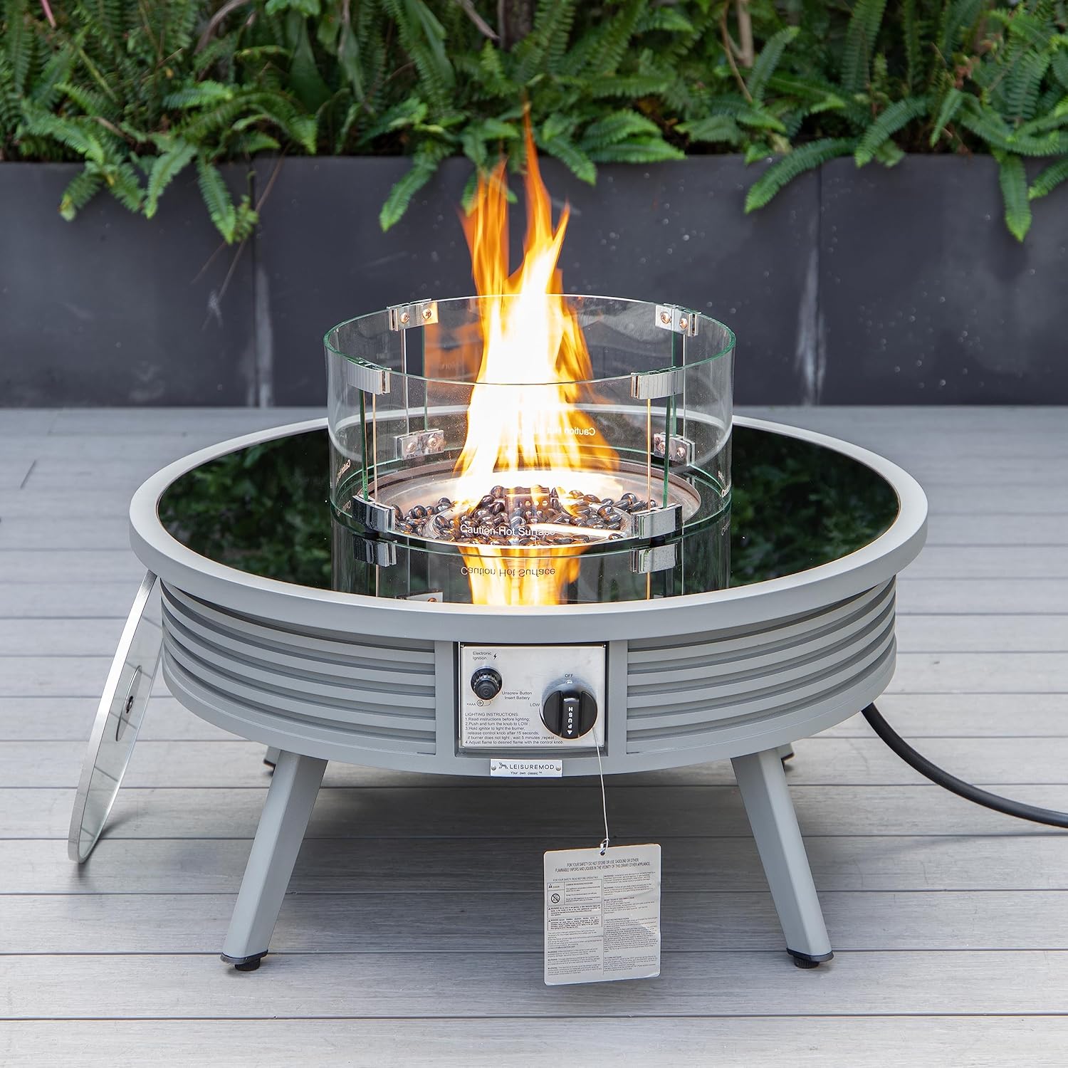 LeisureMod Walbrooke Modern Outdoor Round Fire Pit Table with Powder-Coated Aluminum Frame and Slats Design for Patio and Backyard Garden, Grey