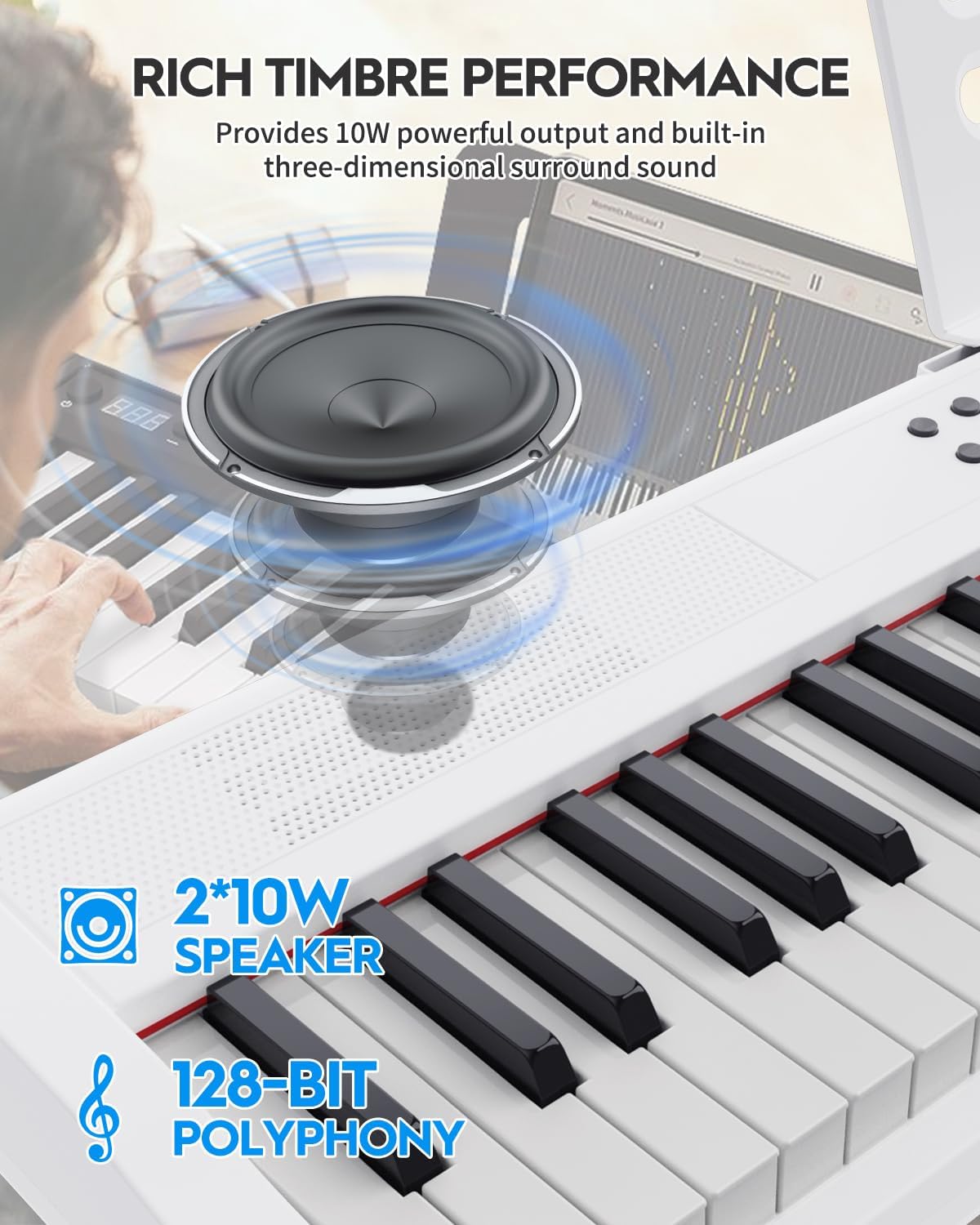 STRICH 88 Key Digital Piano Full Size Electric Keyboard with Stand, Semi-Weighted Sensitive Keys, Portable Electric Piano Set, Bundle with Sustain Pedal, Headphones, Music Rest, White, SEP-150S