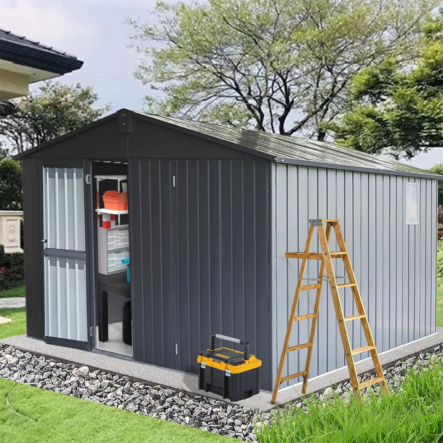 Large Metal Storage Shed Outdoor Garden Shed with Windows Lockable Doors Sloping Roof Shutter Vents No Floor Galvanized Steel All-Weather Backyard Tools Shed Outside Storage House (Gray 11x12.5 FT)