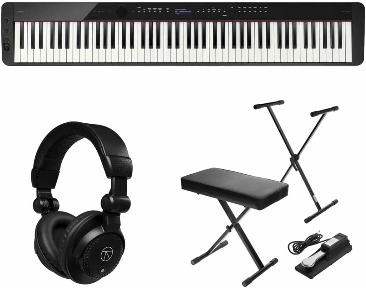 Casio PX-S3100 Privia 88-Key Digital Piano Keyboard with Touch Response, Black Bundle with H&A Studio Headphones, Stand, Bench, Sustain Pedal
