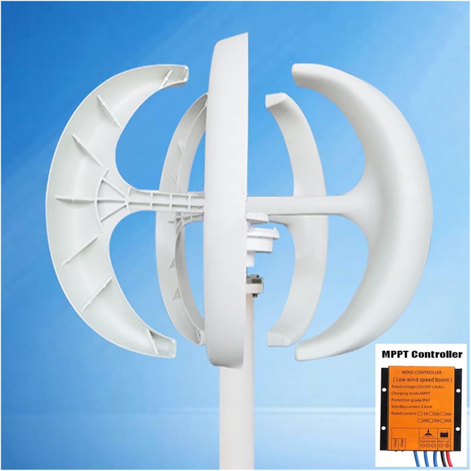 Wind Power Turbine Generator 3000W Small Vertical Axis Wind Turbine Generator 3KW 12V 24V 48V with MPPT Low Noise Windmill for Home Farm Wind System (Color : White with Control, Size : 24V)