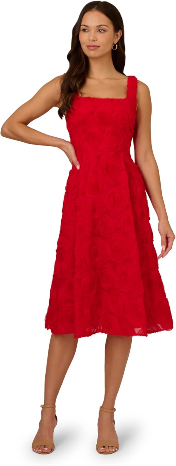 Adrianna Papell Womens Soutache Rosette Midi Dress