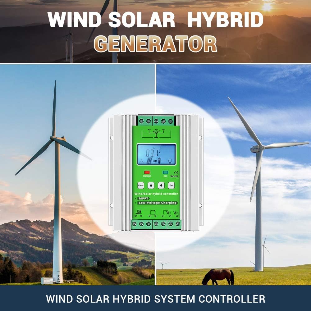 1000W Wind Solar Hybrid Charge Controller 12V/24V MPPT Boost Charge Regulator with LCD Display and Free Dump Load Accurate (600W Wind + 400W Solar)