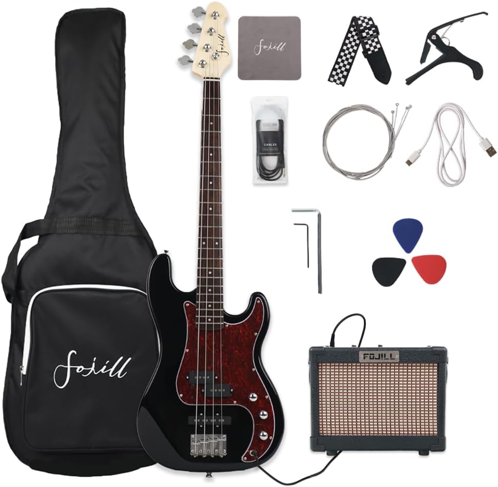 Fojill Full Size Four String Electric Bass Guitar With 10 Watt Amplifier 4 String Right Handed Beginner Kit Set With 600D Gig Bag,Picks,Noiselss Cable,Extra Strings(GBK)