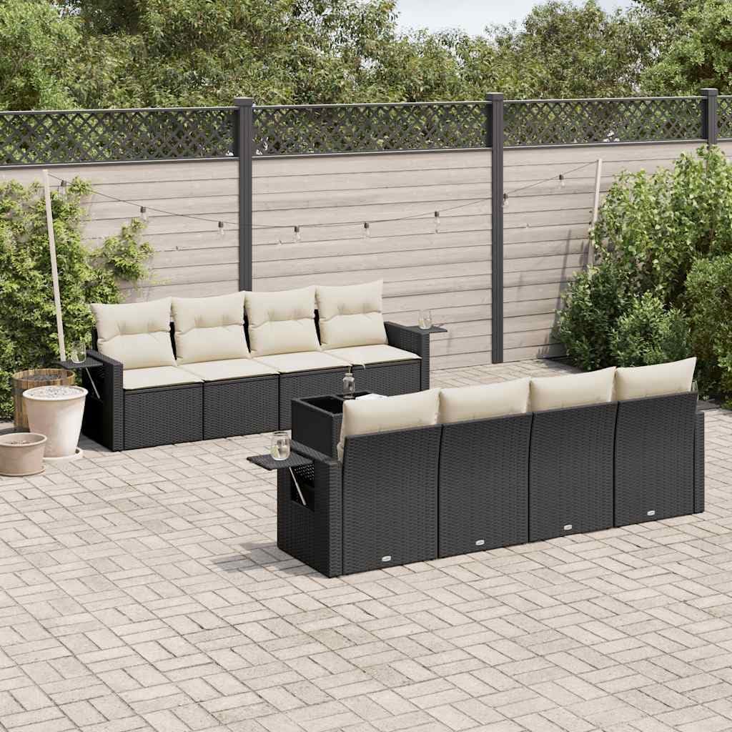 9 Piece Garden Sofa Set Black PE Rattan with Cushions, 4 Arm Sofas and 4 Center Seats, Adjustable Feet, Modular Outdoor Furniture, Durable Weather Resistant Patio Seating Set