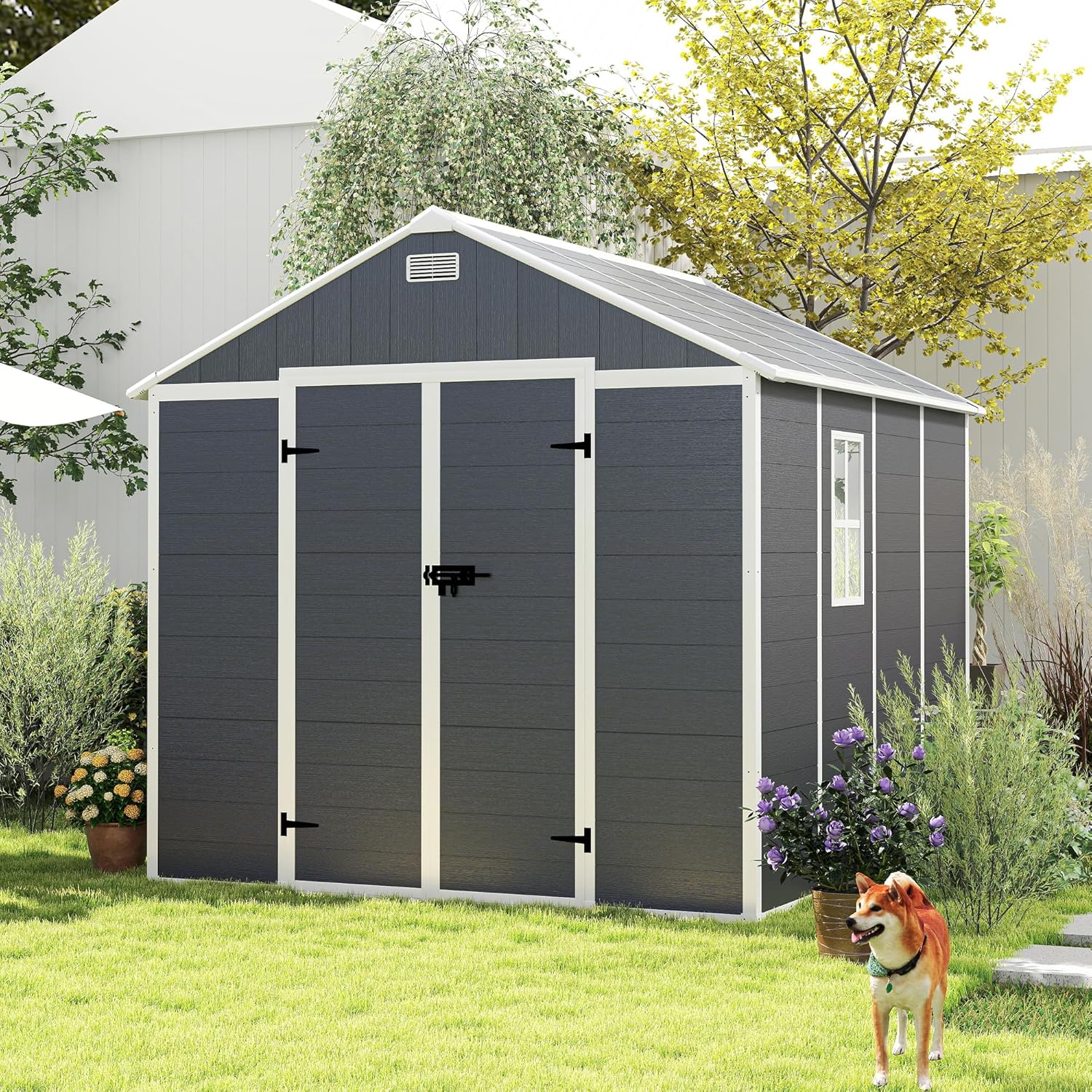 Outdoor Storage Shed Waterproof, Metal Garden Tool Bike Sheds Kit, Lean to Shed, Backyard Storage Building Cabinet, House, Large Plastic Shed with HD Window,Dark Gray 8 * 8ft