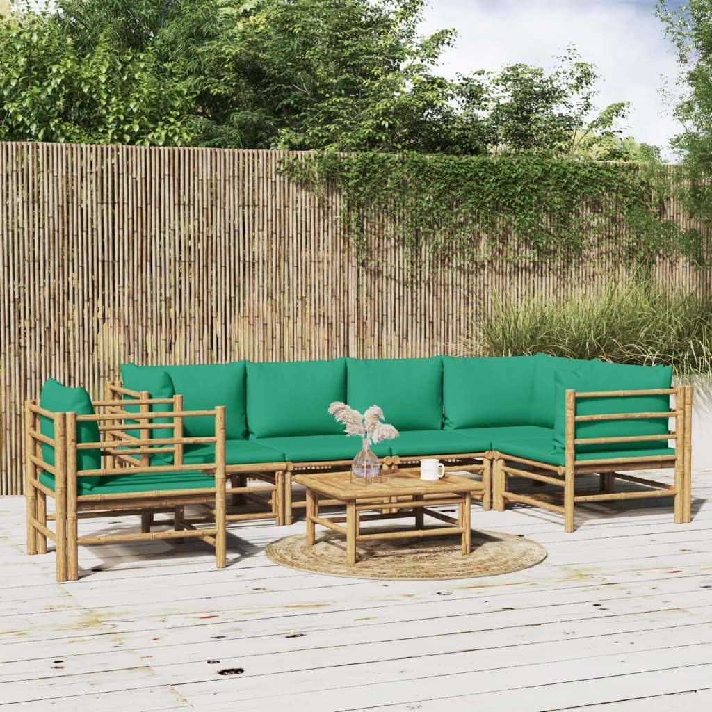 7 Piece Patio Lounge Set with Green Cushions Bamboo,Bamboo Patio Lounge Set: Durable and Comfortable Outdoor Furniture for Relaxing Moments Patio Furniture Sets, Outdoor Furniture Sets