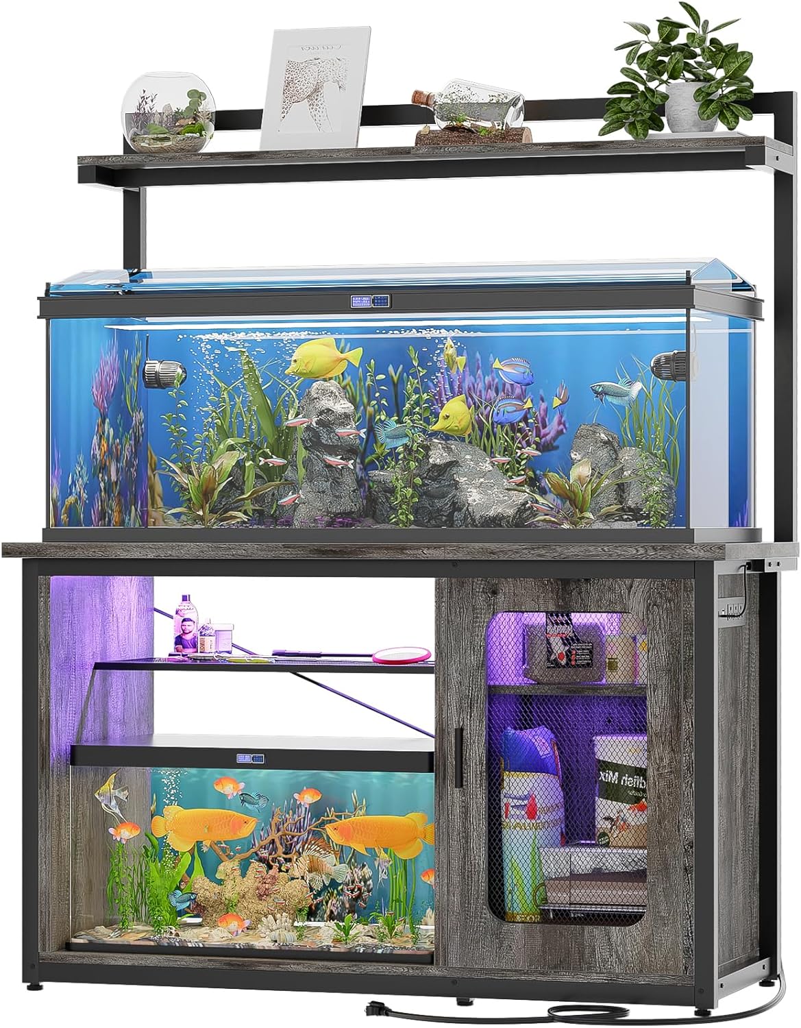 Unikito 55-75 Gallon Fish Tank Stand with Power Outlets & LED Light, Heavy Duty Aquarium Stand with Reversible Cabinet for Tank Accessory Storage, Reptile/Terrarium Stand, Black Oak