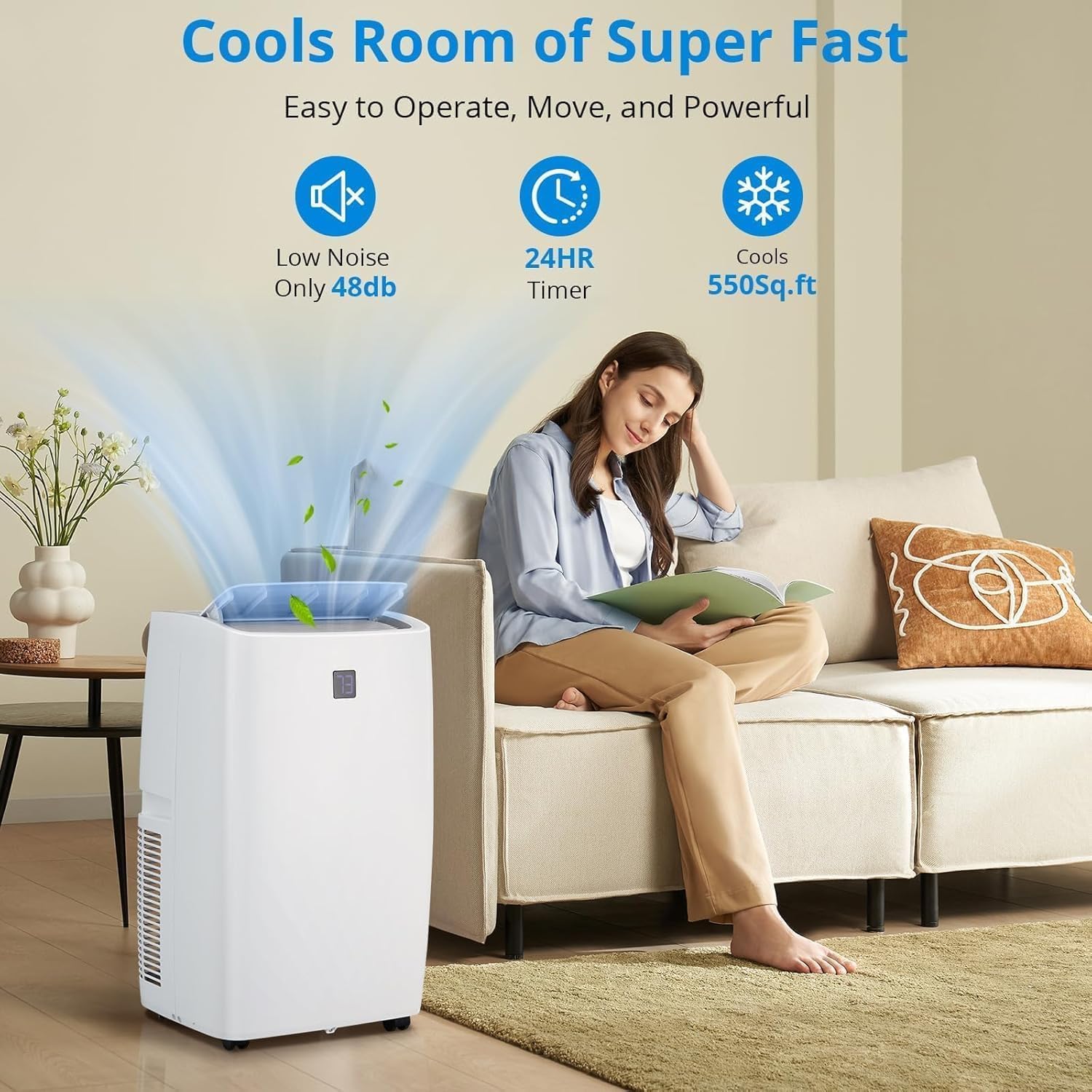 Portable Air Conditioners, 12000 BTU Air Conditioner for Rooms Up to 550 Sq.Ft, 3-In-1 AC with Fast Cooling, Dehumidifier & Three Speed Fan, 24H Timer/Remote Control/Quiet, White LED Control Panel