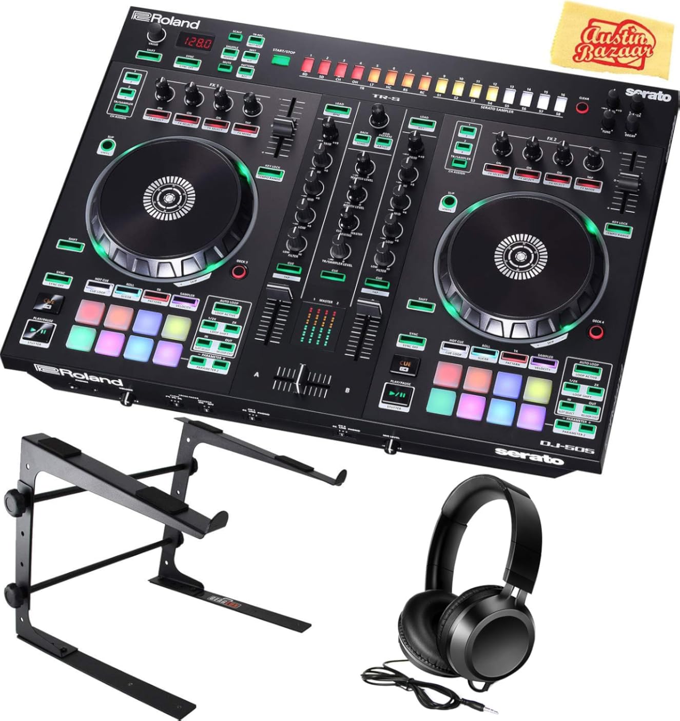 Roland DJ-505 DJ Controller Bundle with Stand, Headphones, and Austin Bazaar Polishing Cloth