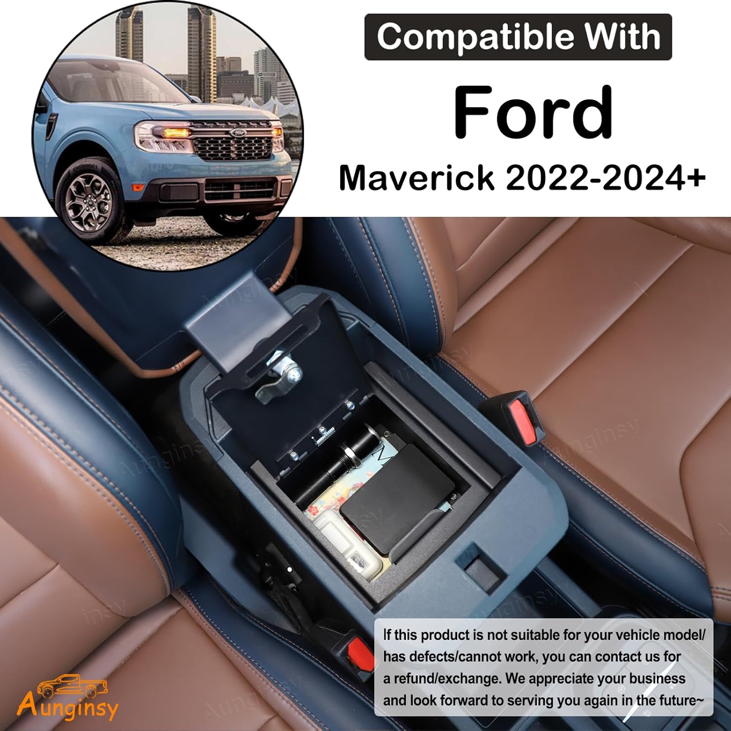 Car Center Console Lock Safe Box Armrest Storage Compatible with Ford Maverick 2022-2025 Center Console Lock Box Armrest Security Organizer Tray Vault with 3 Digit Combo Password Insert Accessories