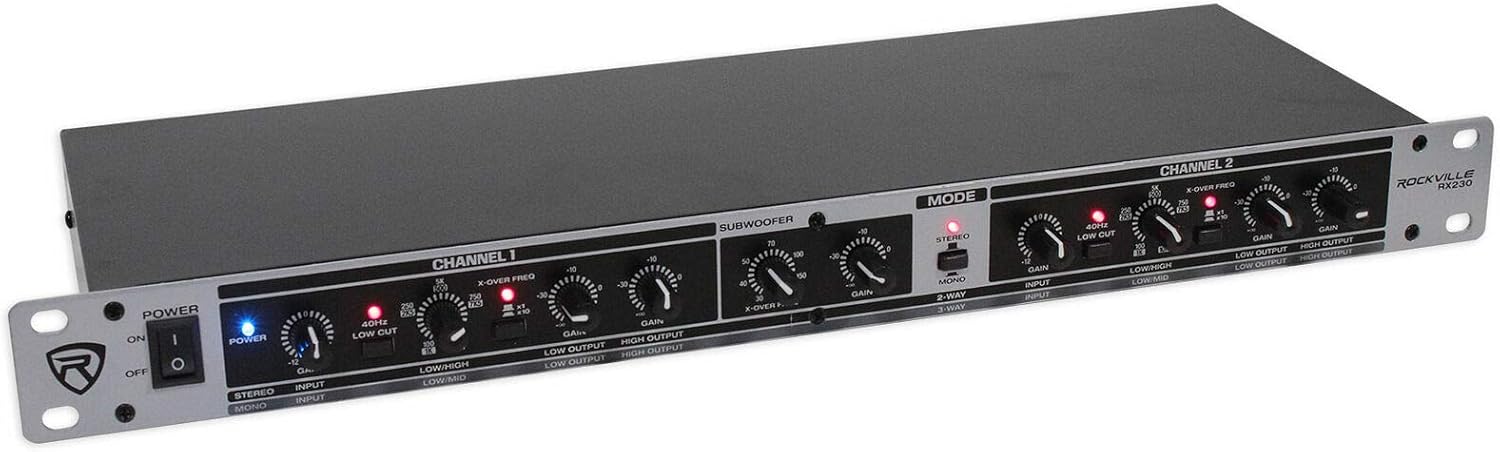 Rockville RX230 2-Way Stereo/3-Way Mono Crossover, XLR Input/Output, Adjustable Crossover Range, 24 dB/Octave Filters, Rack-Mountable for DJs and Live Sound