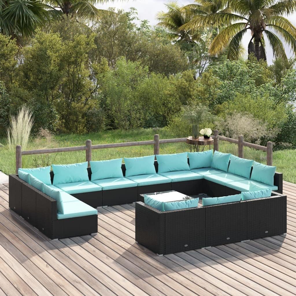 14 Piece Patio Lounge Set with Cushions Black Poly Rattan,Sturdy Patio Lounge Set with Modular Design for Versatile Outdoor Relaxation Outdoor Furniture Sets, Patio Furniture