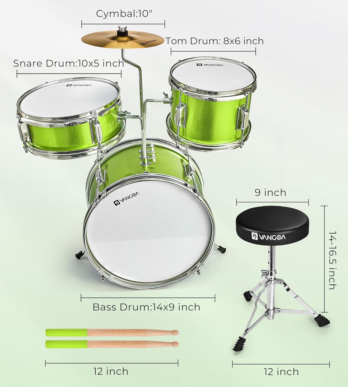 Kids Drum Set, 14 Inch Beginner Drum Kits, 3 Piece Drum Set for Kids Boys Girls Age 3-7, with Adjustable Throne, Cymbal Pedal, Drumsticks, Bright Green