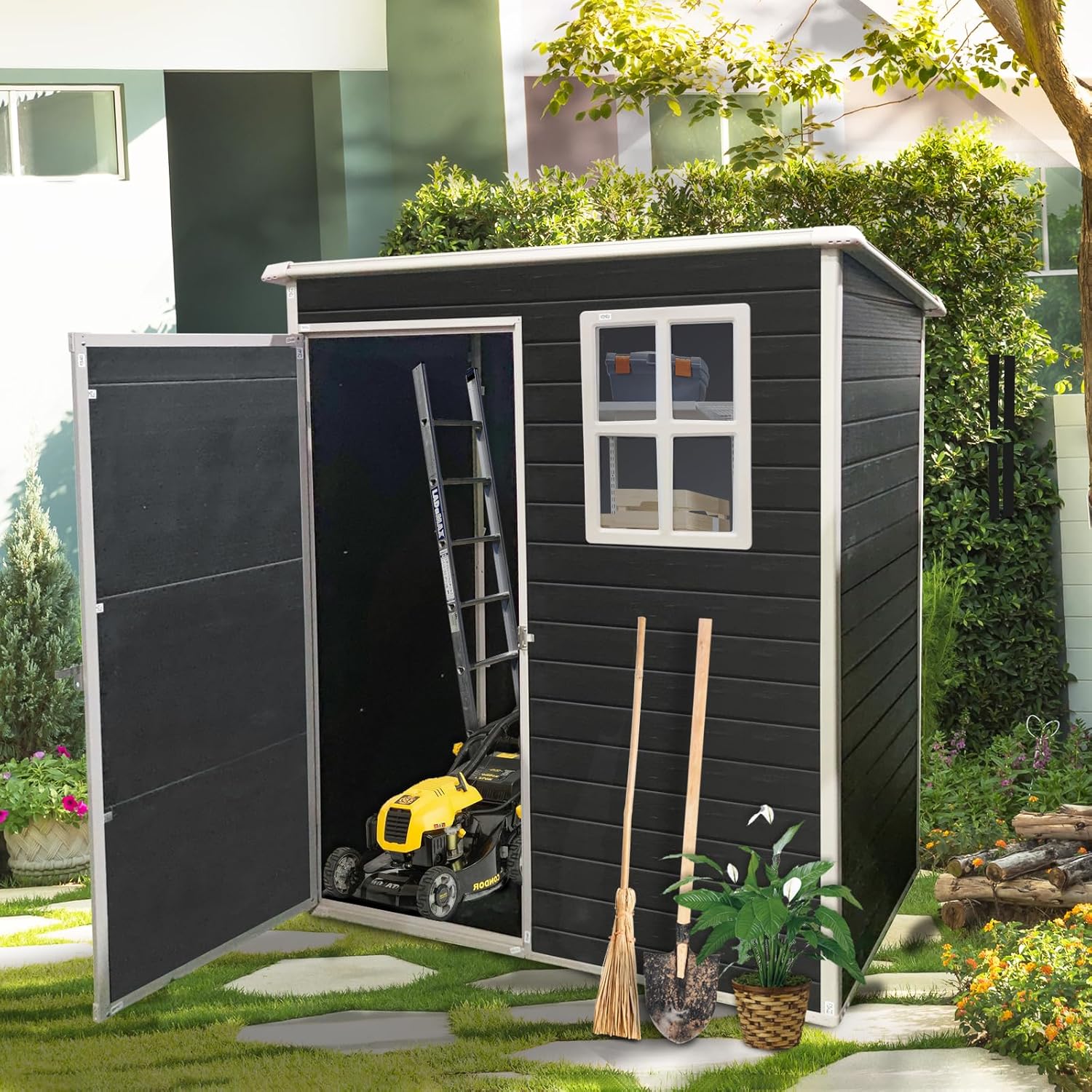 Outdoor Storage Shed with Window and Lockable Door,Sloping Roof Tool Storage Shed,Resin Outdoor Storage Shed for Garden,Lawn,Black