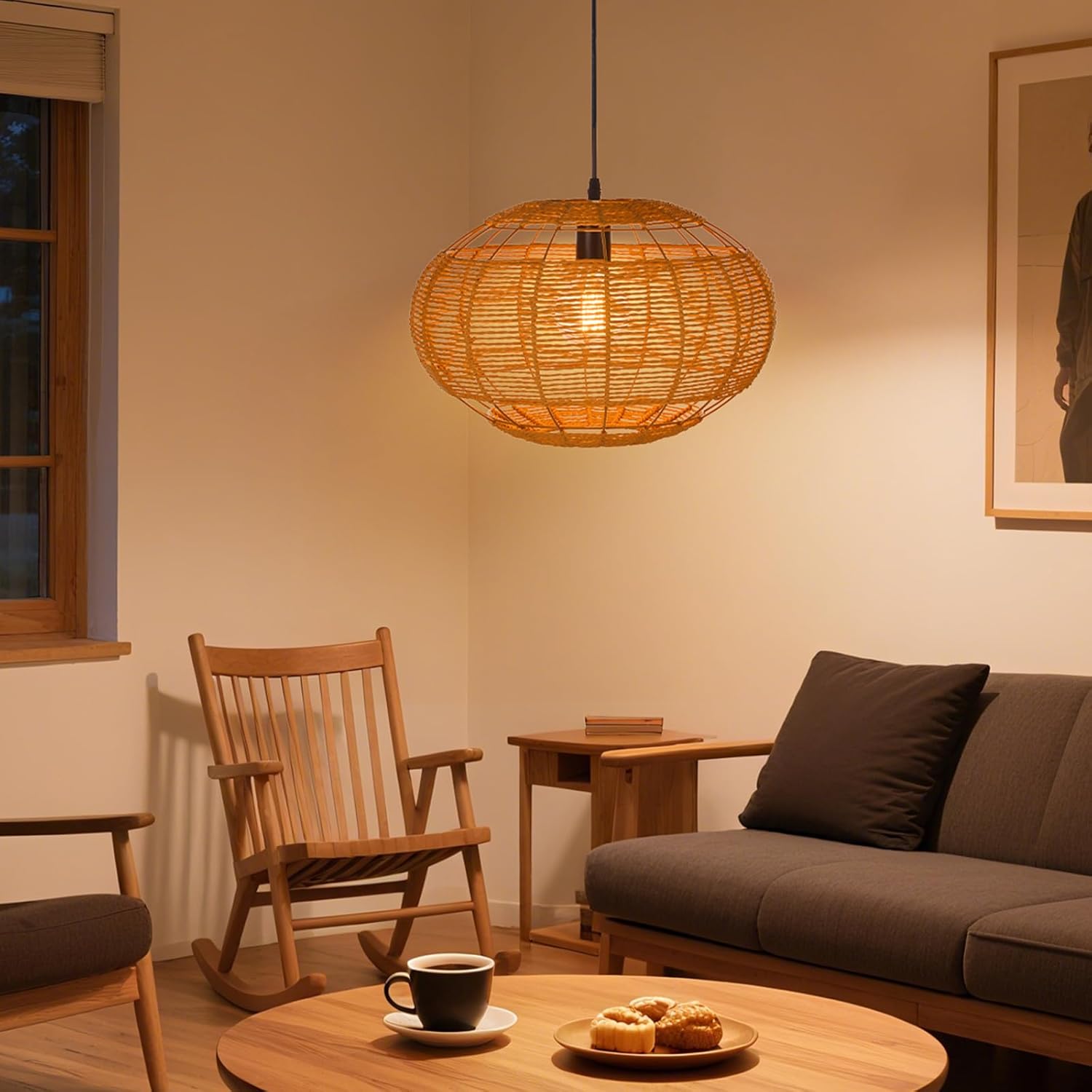 Arturesthome 1 Light Rattan Pendant Lighting for Living Room,Handwoven Coastal Boho Pendant Light Fixture Wicker Dinning Chandelier Over Table D 15.7