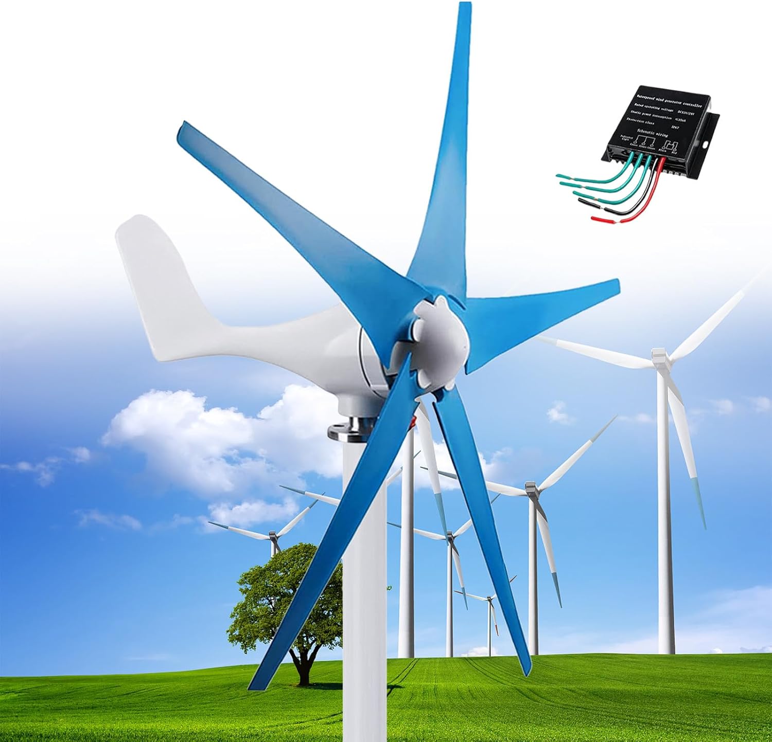 Wind Turbine, 12000W DC 12V/24V/48V Wind Turbine, Generator with 5 Blades Wind Turbine Kit with Solar Wind Hybrid Controller Windmill Generator for Homes Energy Supplementation,Blue-24V