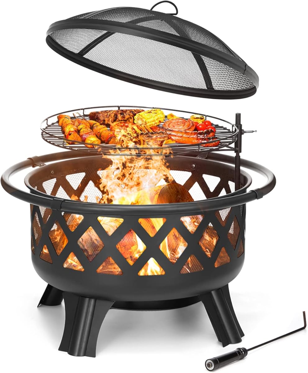 2 in 1 Fire Pit with Cooking Grate 30'' Wood Burning Firepit Outdoor Fire Pits Steel Firepit Bowl Outside with Swivel BBQ Grill, Spark Screen, Poker for Backyard Garden Bonfire Patio