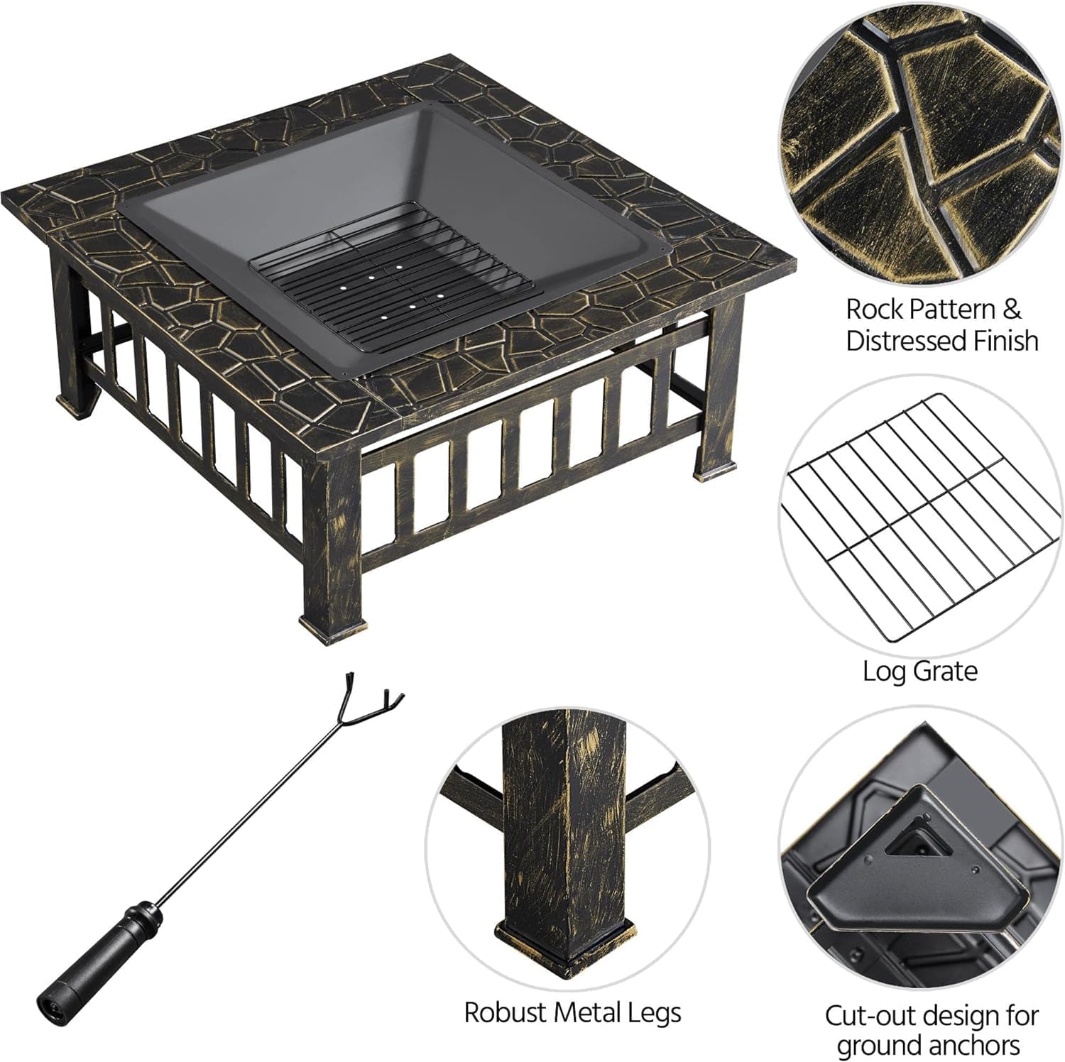 34in Fire Pit Table Outdoor Fire Pits Square Steel Stove with Mesh Screen, Waterproof Cover & Poker for Outside Patio Bonfire Camping (Bronze)