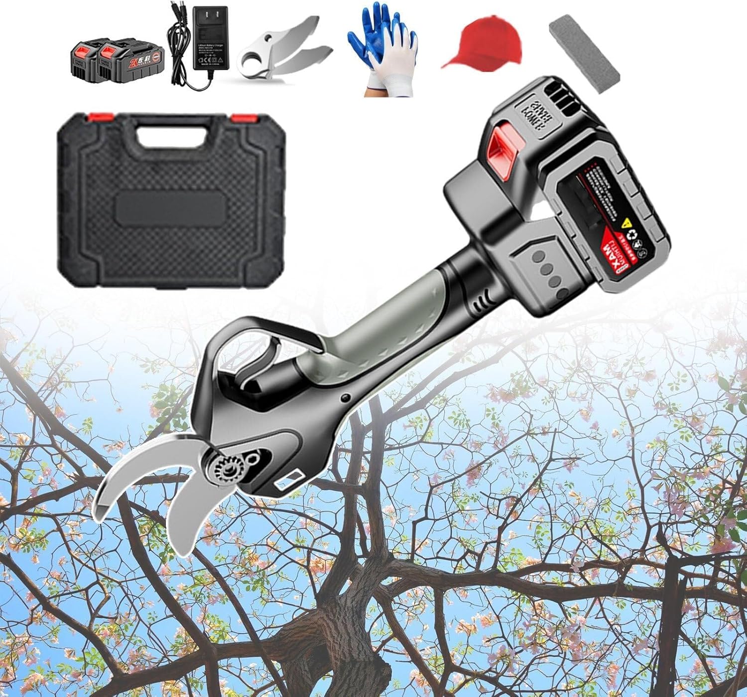 21V Electric Pruning Shears with 45mm Cutting Diameter, High-Carbon Steel Blades, and Accessories for Garden, Trees, and Outdoor Trimming
