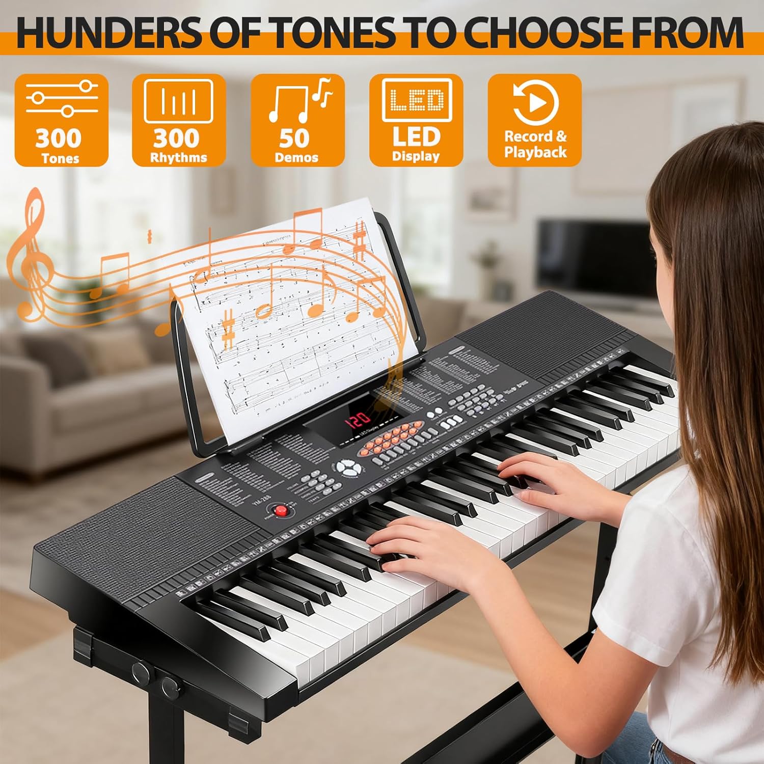 Smartxchoices 61-Key Electronic Keyboard Piano Stand Portable LED Display Keyboard Kit with Adjustable Stand, Adjustable Stool, Headphones, Microphone & Music Rest
