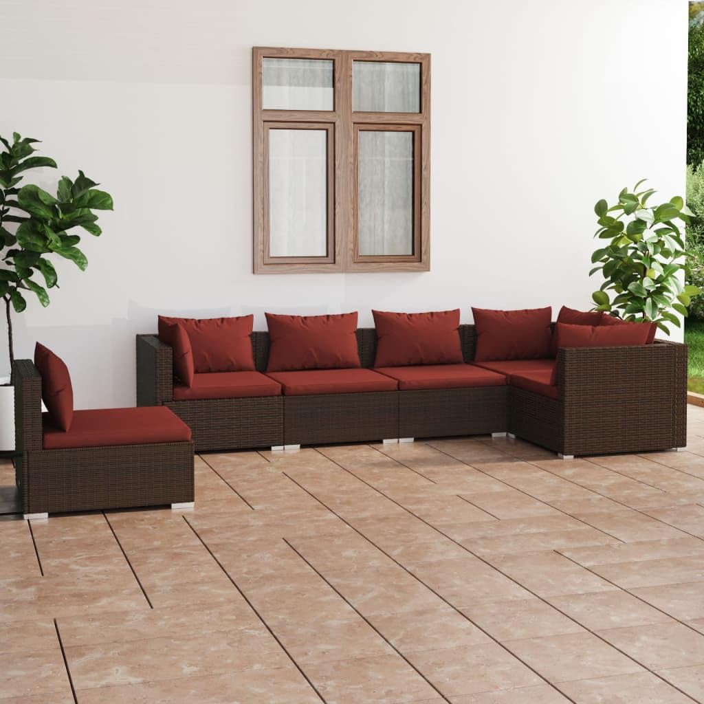 6 Piece Patio Lounge Set with Cushions Poly Rattan Brown,Stylish and Durable Patio Lounge Set: Modular Design for Ultimate Comfort Furniture Sets for Patio, Lawn & Garden