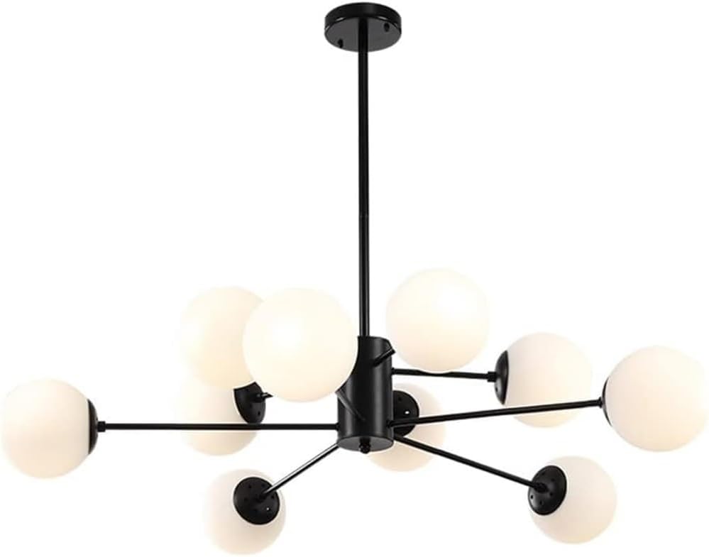 Industrial Retro Sputnik Chandelier with Black Frame and White Milk Glass Shades Vintage Ceiling Pendant for Kitchen Island Dining Room Lighting(10 Lights)