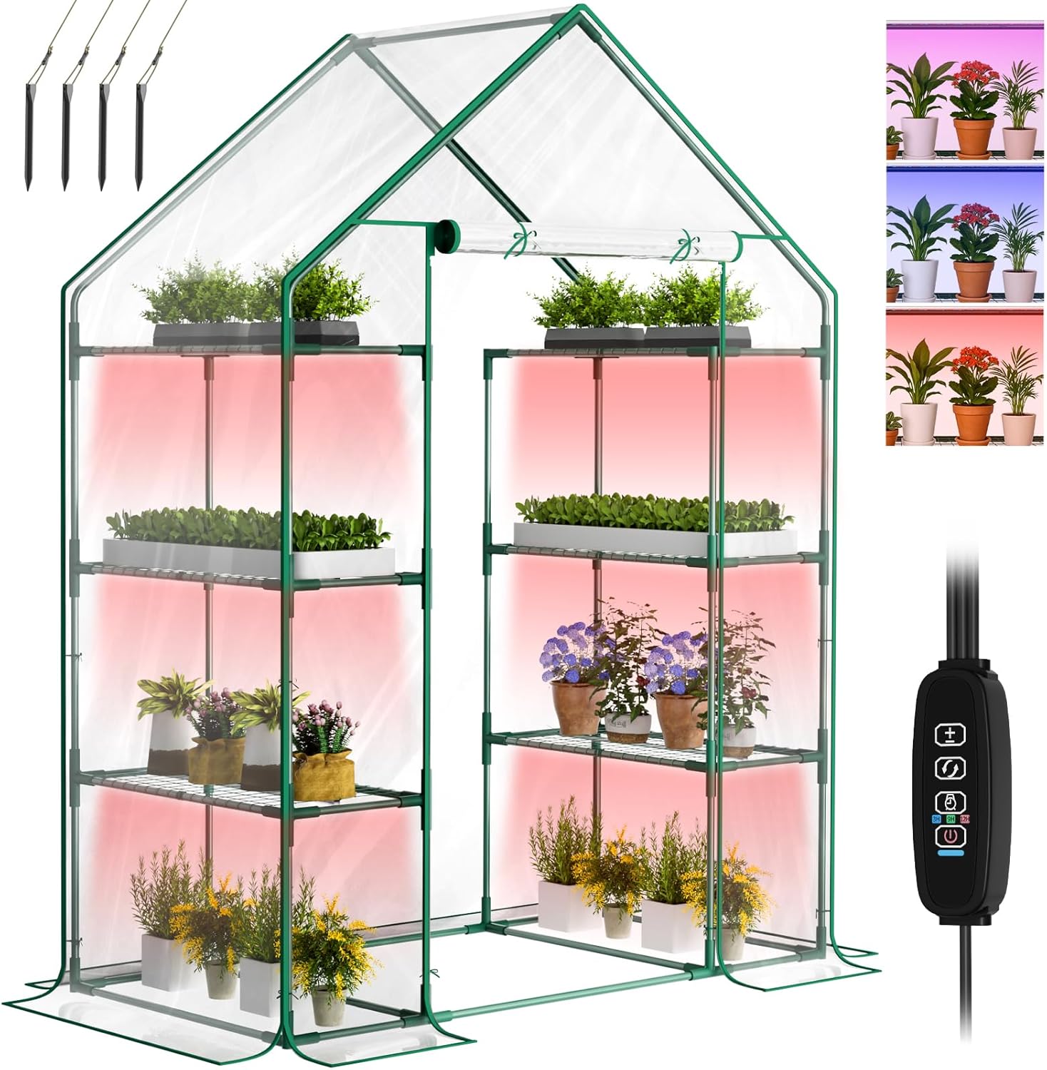 SUNYRISY Indoor Greenhouse with Grow Lights, 4 Tier Wall in Mini Small Greenhouse Kit with Zippered PVC Tent for Garden Seed Starting Tray, 36W Full Spectrum