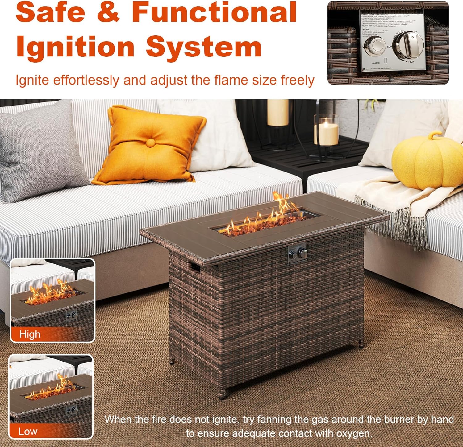 Tangkula 44.5 Inch Propane Fire Pit Table, Outdoor Rattan Gas Firepit with Metal Slatted Tabletop & Stainless Steel Burner, Rectangle Fire Pit with Lava Rocks & Protective Cover for Outside Patio