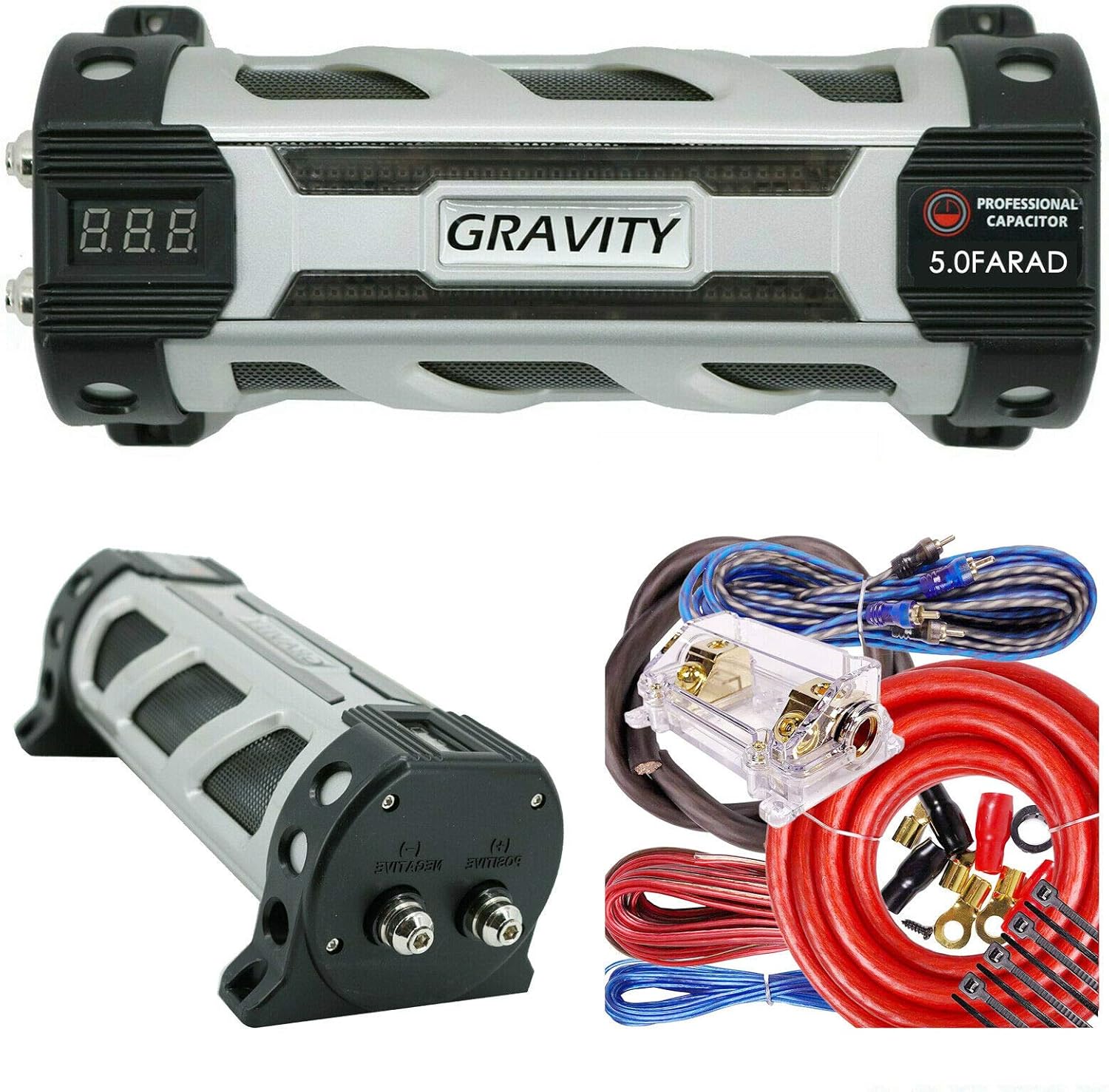Gravity GR5.0 Car Audio Battery Stiffening Portable Power 5 Farad Capacitor and Completed 5000 Watts 0 Gauge Amplifier Installation Wiring Kit Red BGC0XLR