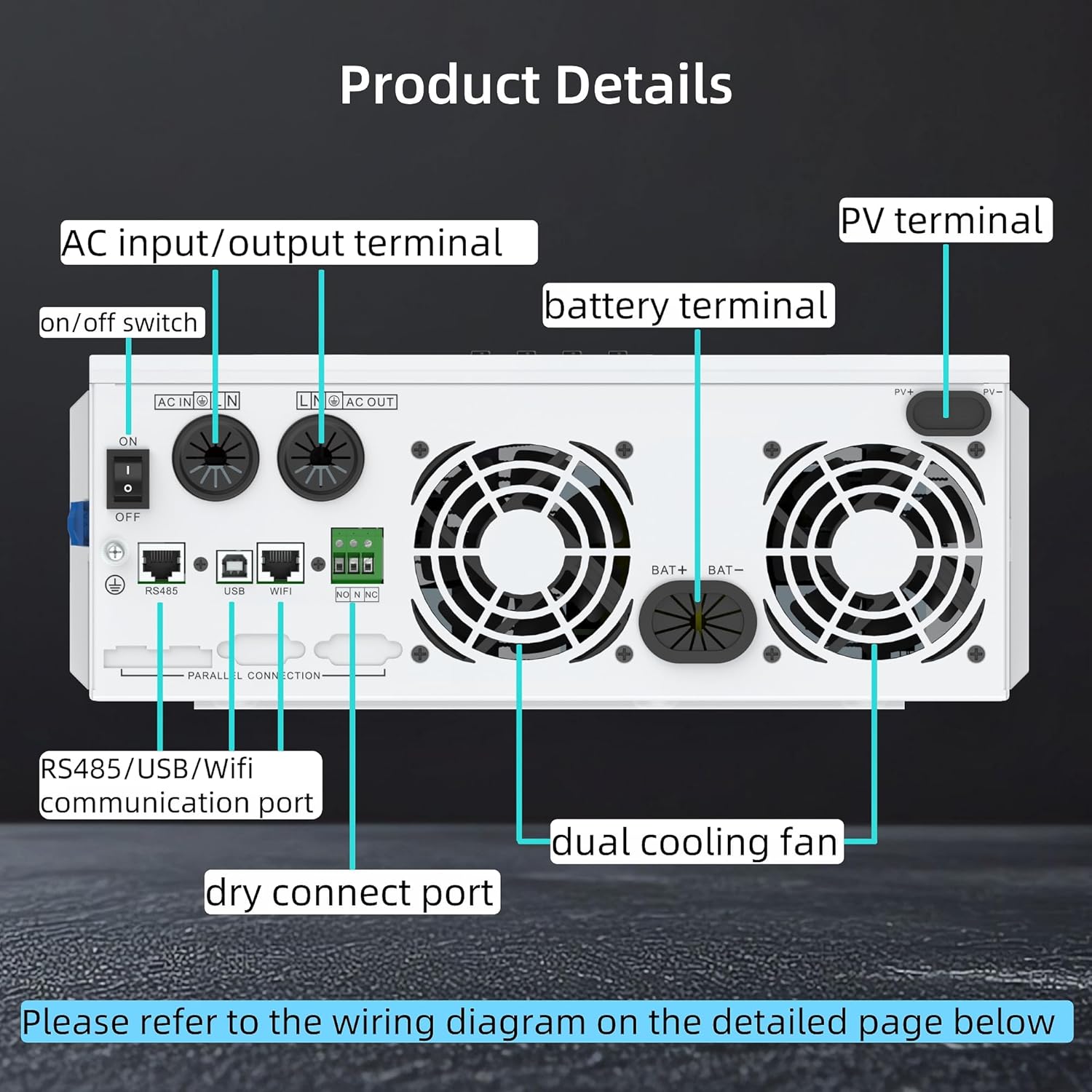 5000W Hybrid Solar Inverter 48VAC to 110V/120VAC, Built-in 80A MPPT Solar Charge Controller, Max.PV Input 5500W, 500VDC, 22A, Work w/ 48V Lead Acid/Lithium Batteries, for Home,RV,Truck