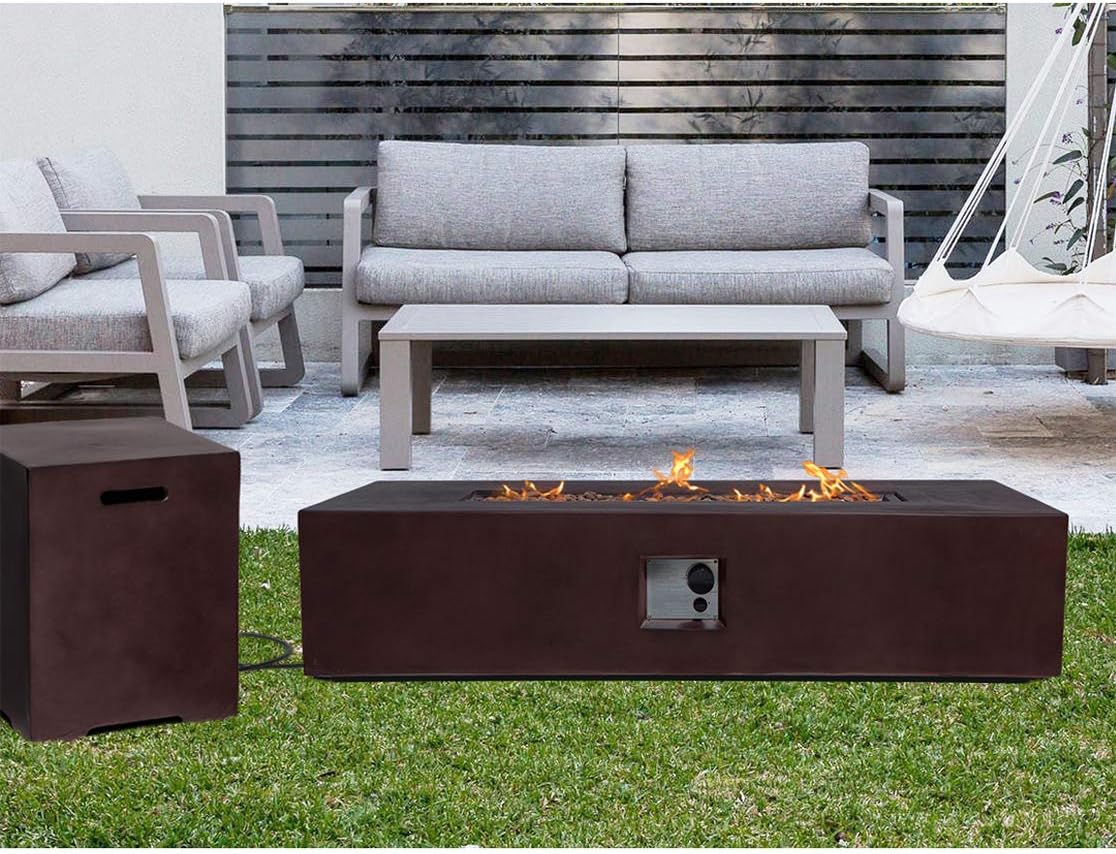 SUNBURY Outdoor Propane Fire Pit, Rectangle Dark Brown Patio Fire Table 50,000 BTU w 20 lbs Tank Cover, Waterproof Cover for Garden, Backyard