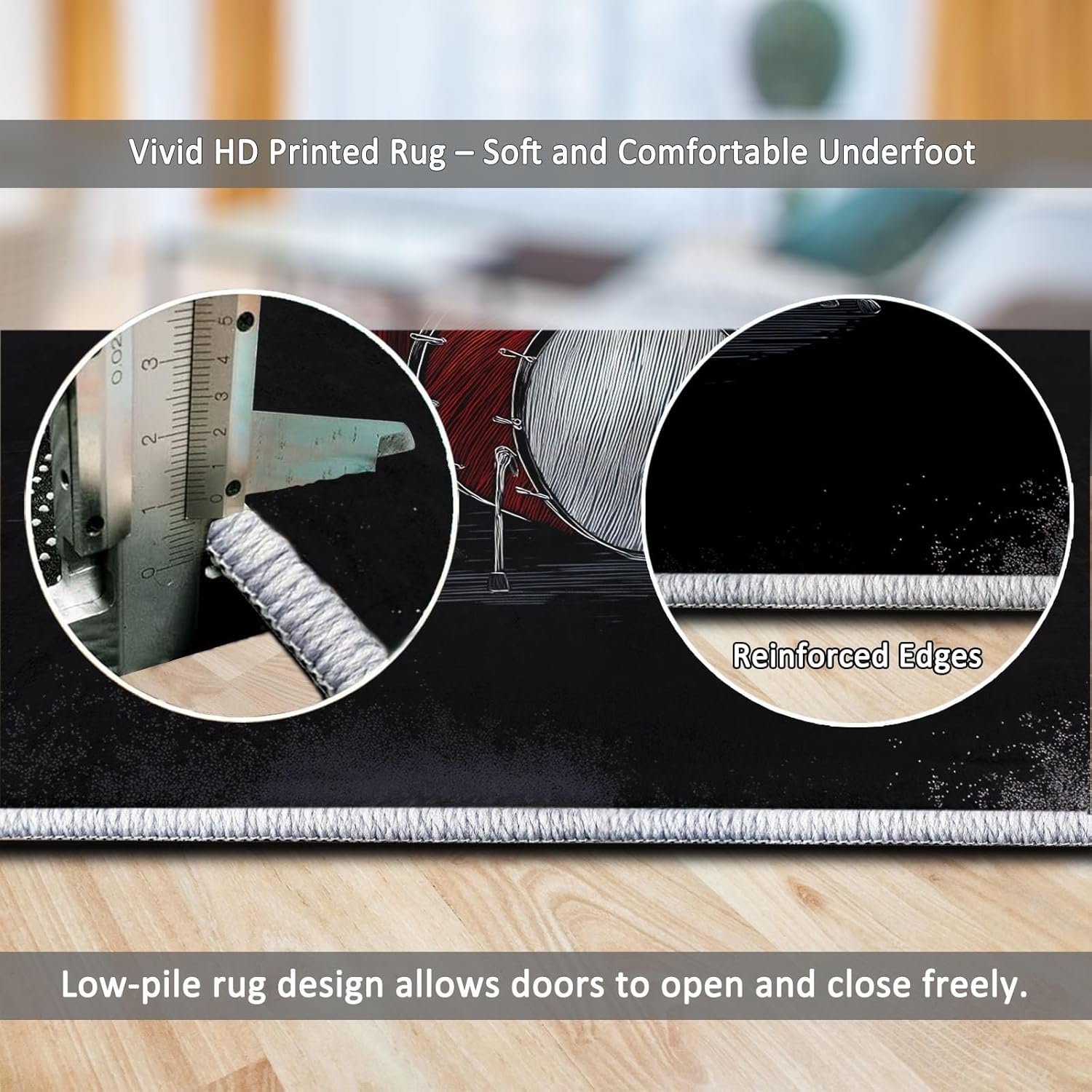 4x6 ft Area Rug for Bedroom, Washable Rugs for Living Room, Musical Instruments Drum Kit Notes Indoor Faux Wool Kids Rug Black Throw Carpets Soft Low Pile Mat for Bedside Entryway