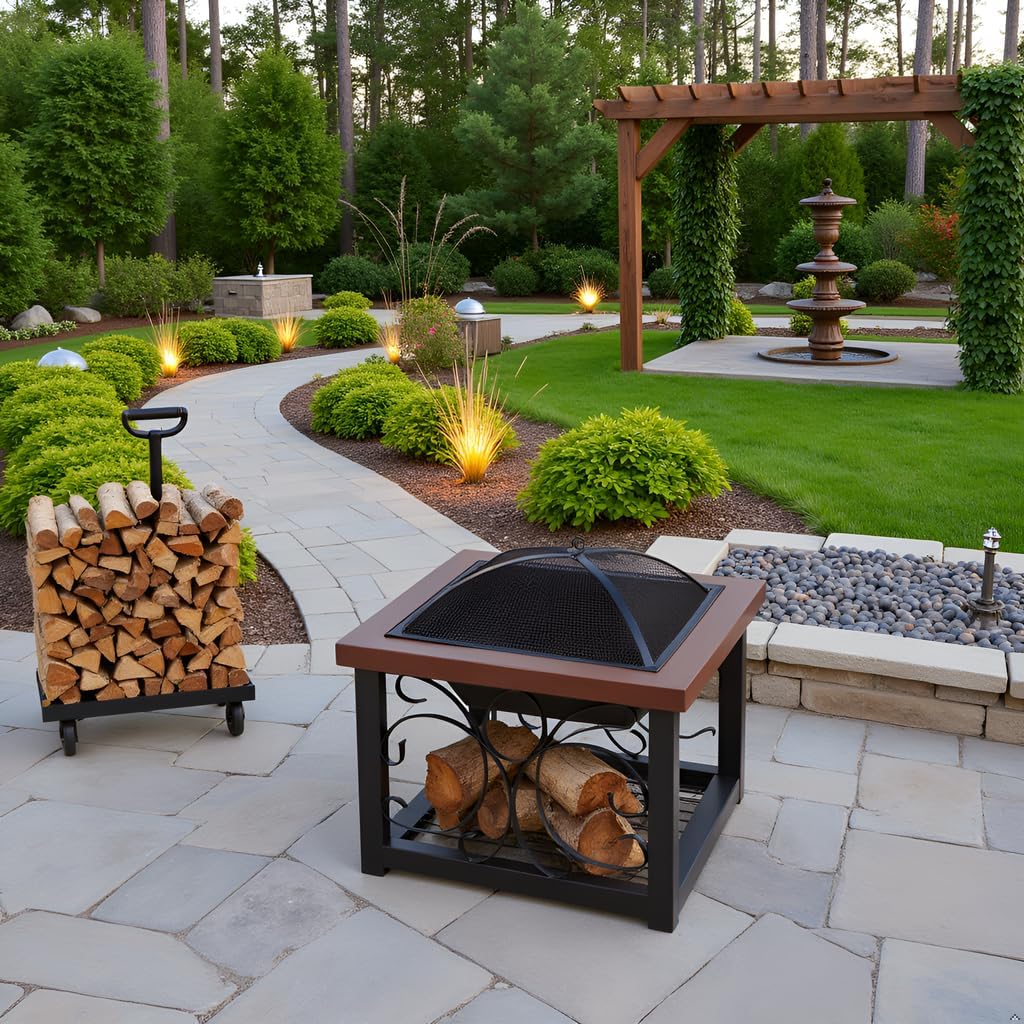 Fire Pit Cocktail Square Table Wood Burning Steel Mesh Spark Screen Wood Grate Screen Lift Steel Firepit with Log Storage Rack - Hammer Tone Bronze Finish