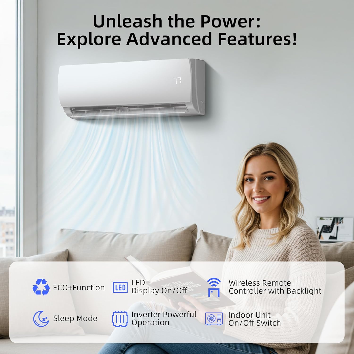 MEPTY 9000BTU Mini Split AC/Heating System, 19 SEER2 Energy Efficient Mini Split Air Conditioner, Ductless Inverter AC Unit with Pre-Charged Condenser, Cools Up to 450sq.ft, Compatible 110V/120V