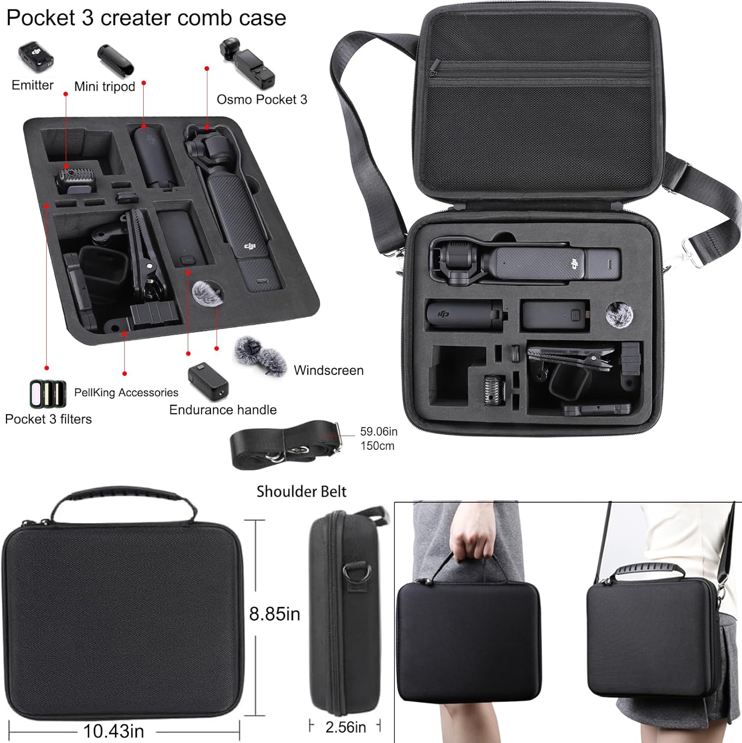 PellKing Accessories Kit for Osmo Pocket 3,Included Carrying Case,Magnetic Mount,Phone Monitor Holder,Selfie Stick,Mini Tripod,Desk Support Mount,Shoulder Strap,Chest Strap,Screen Protector,and Other