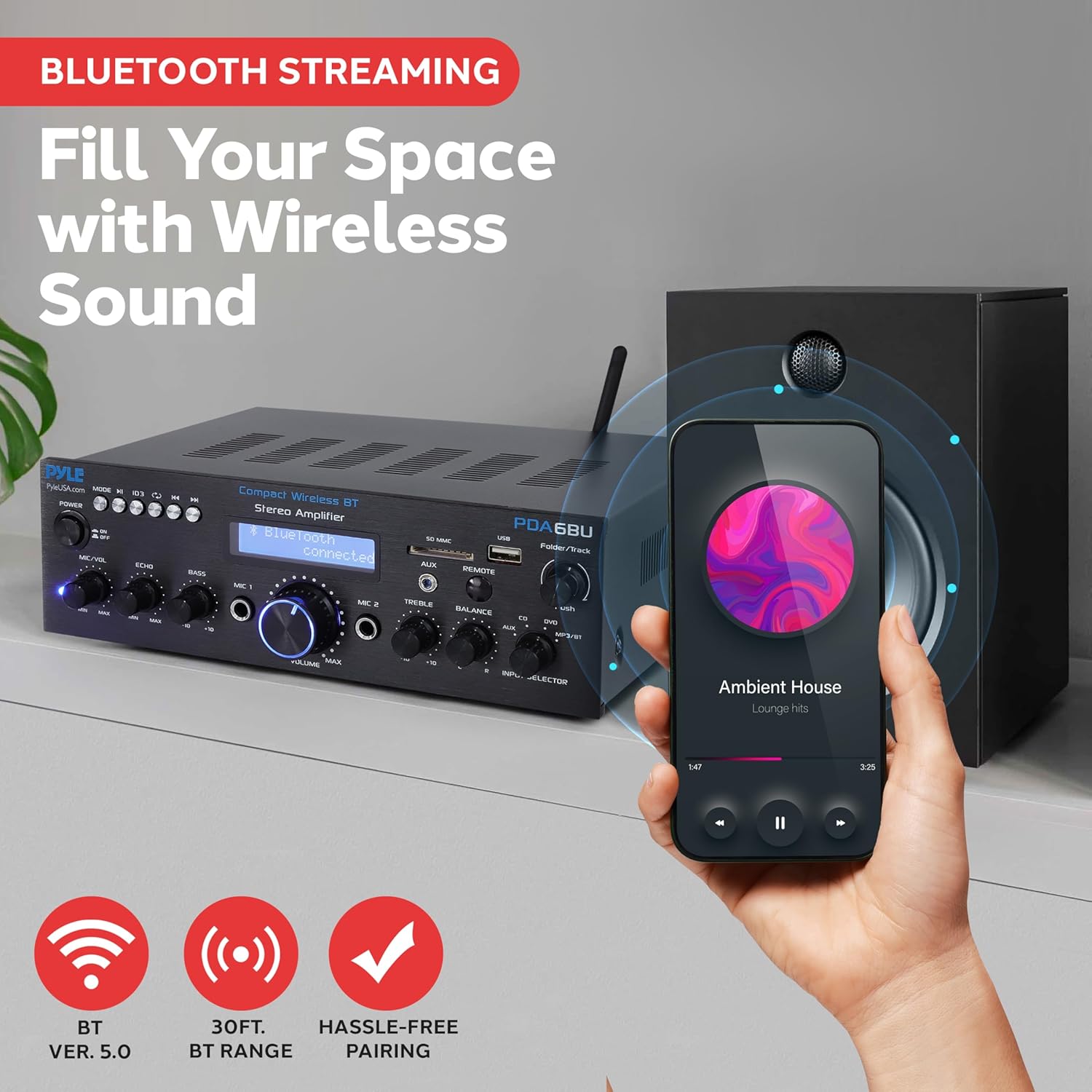 Pyle Wireless Bluetooth Power Amplifier System- 200W Dual Channel Sound Audio Stereo Receiver w/ USB, SD, AUX, MIC in w/ Echo, Radio, LCD, for Home Theater Entertainment via RCA, Studio Use- PDA6BU.7