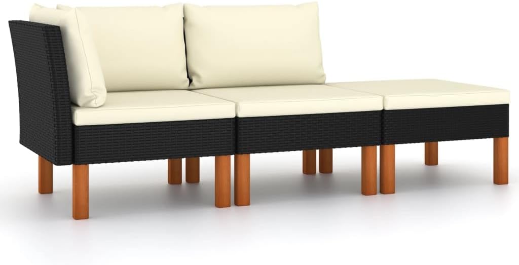 3 Piece Patio Lounge Set Poly Rattan and Solid Eucalyptus Wood,AllWeather Outdoor Patio Lounge Set with RustResistant Frame for Porch, Deck, and Garden Patio Furniture Sets, Conversation Sets