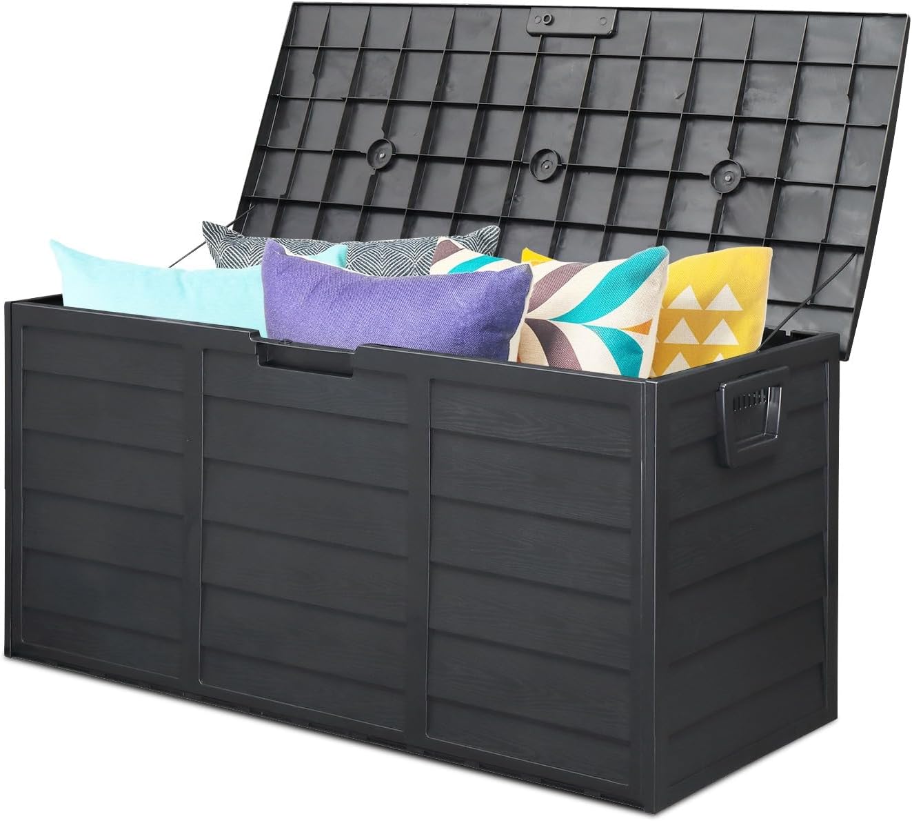 75-Gallon Outdoor Storage Bench with Wheels, Heavy-Duty Waterproof Deck Box for Patio, Garden, and Pool Organization (All black)