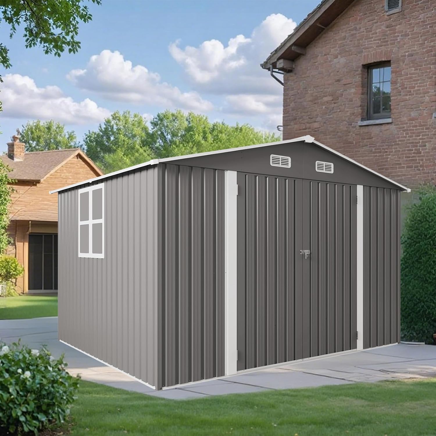 10 x 8 FT Outdoor Storage Shed, Large Metal Lockable Storage House with Air Vent, Clear Window Garden Tool Shed for Bicycles, Tools, Lawnmowers, Backyards, Patios, Lawns (10 x 8 FT)
